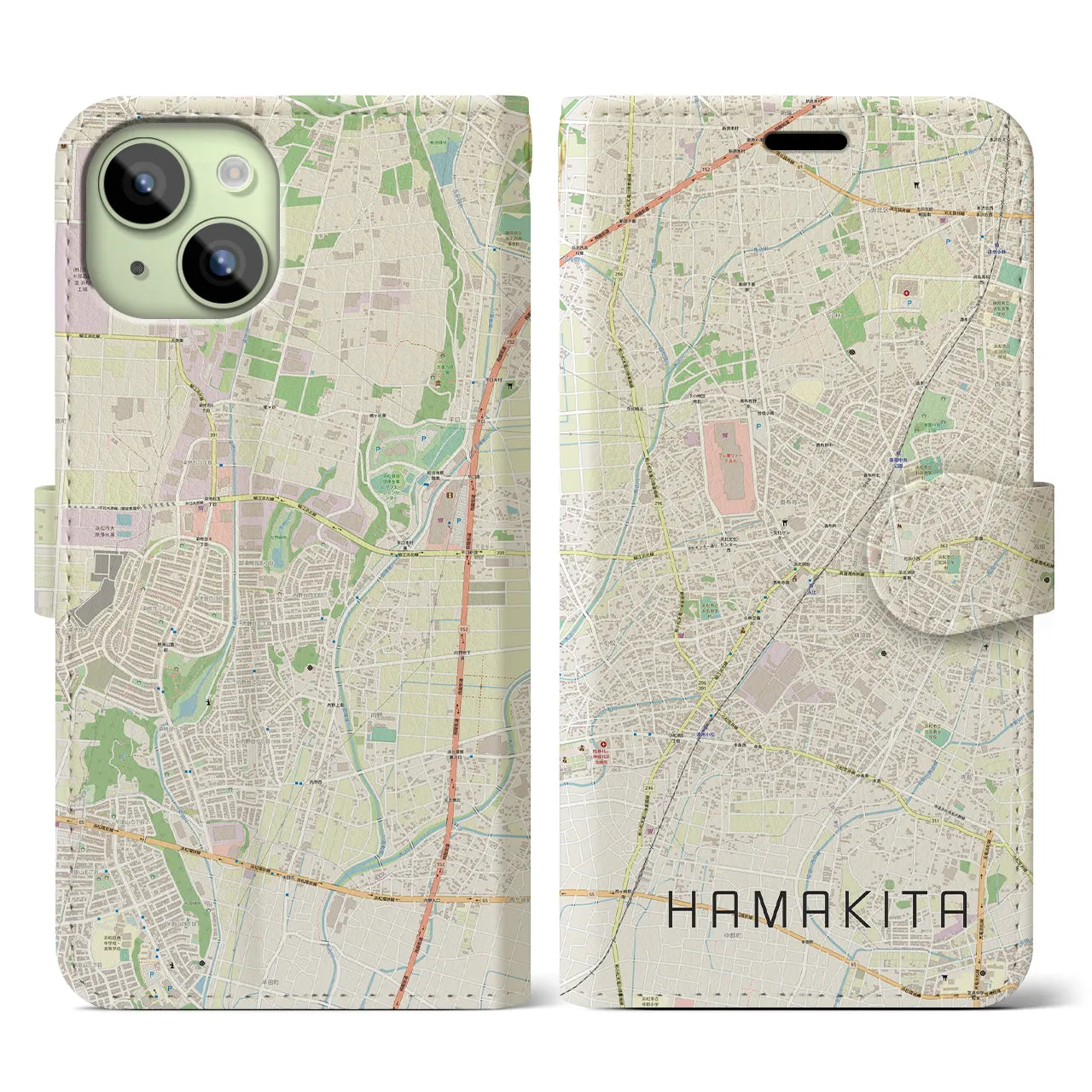 【浜北(静岡県)】地図柄iPhoneケース(手帳タイプ)ナチュラル・iPhone 15 用