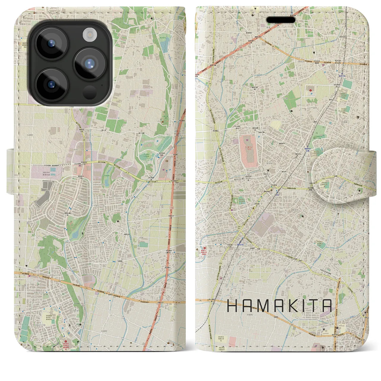 【浜北(静岡県)】地図柄iPhoneケース(手帳タイプ)ナチュラル・iPhone 15 Pro Max 用