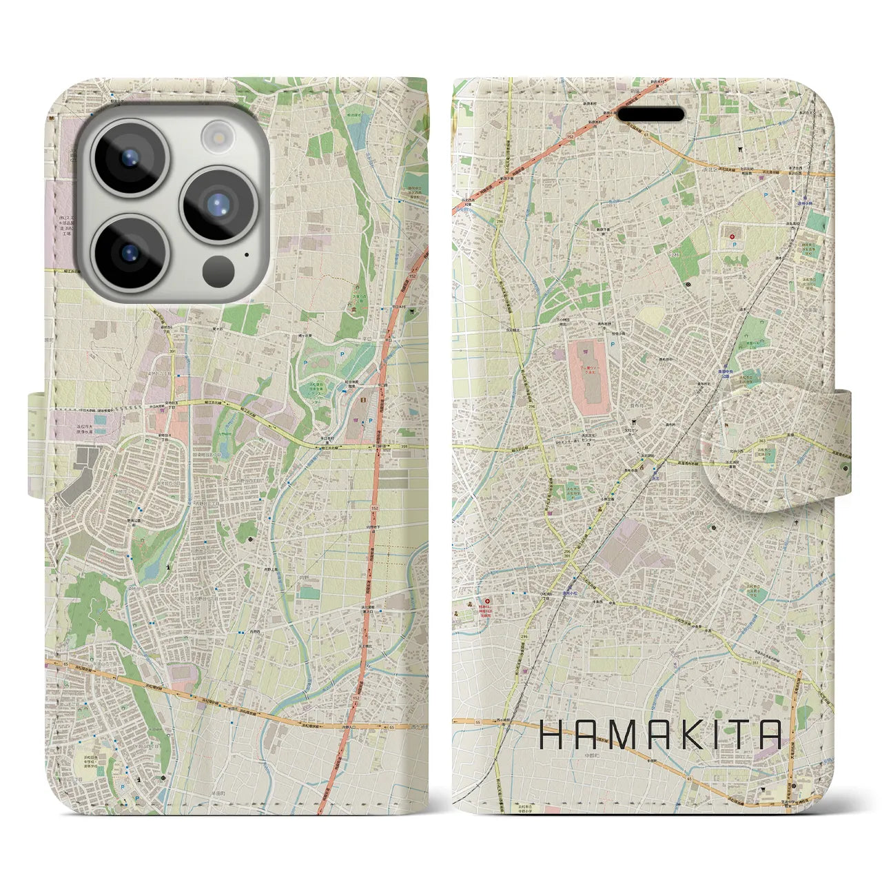 【浜北(静岡県)】地図柄iPhoneケース(手帳タイプ)ナチュラル・iPhone 15 Pro 用