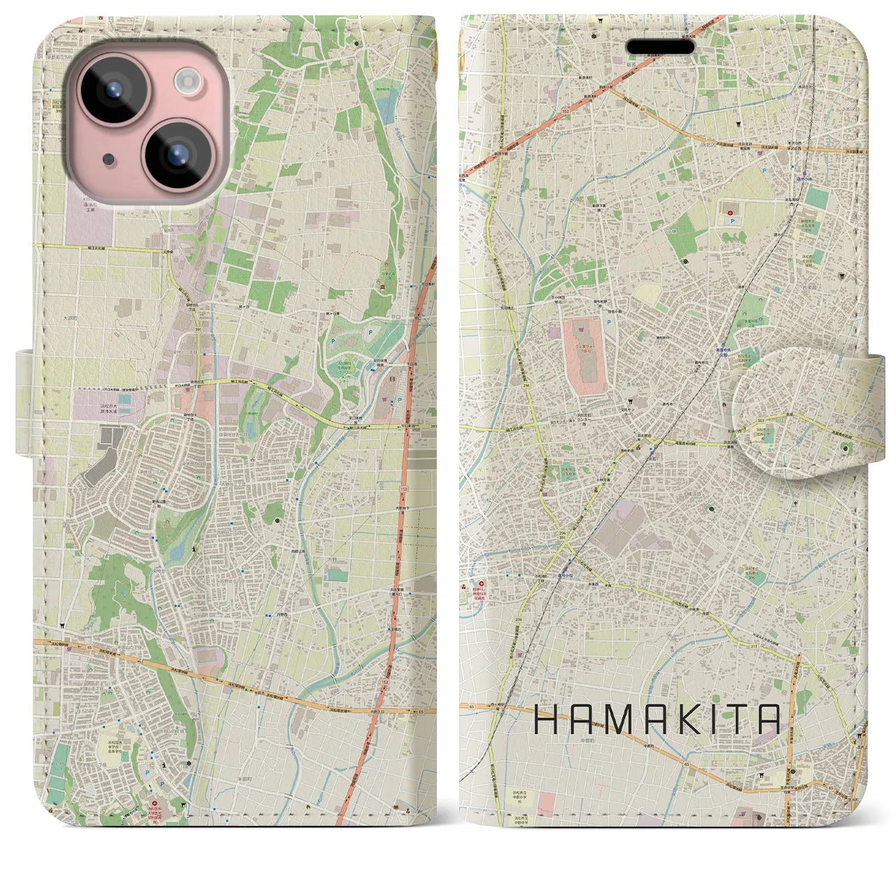 【浜北(静岡県)】地図柄iPhoneケース(手帳タイプ)ナチュラル・iPhone 15 Plus 用