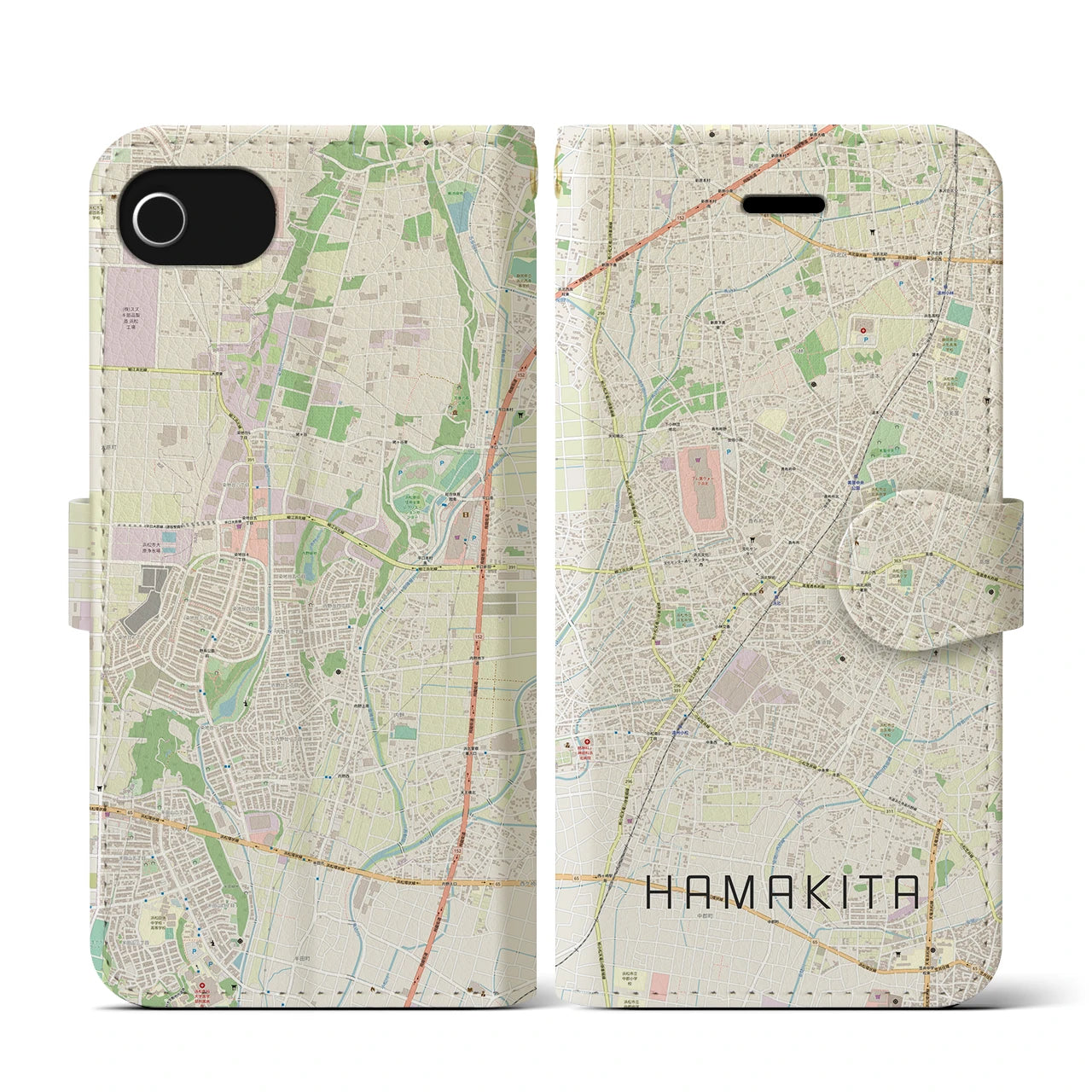 【浜北(静岡県)】地図柄iPhoneケース(手帳タイプ)ナチュラル・iPhone SE(第3 / 第2世代) / 8 / 7 / 6s / 6 用