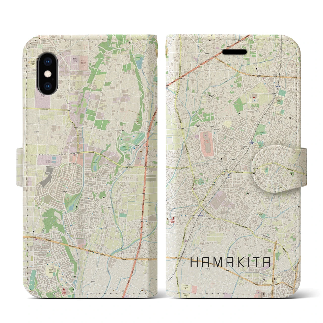 【浜北(静岡県)】地図柄iPhoneケース(手帳タイプ)ナチュラル・iPhone XS / X 用