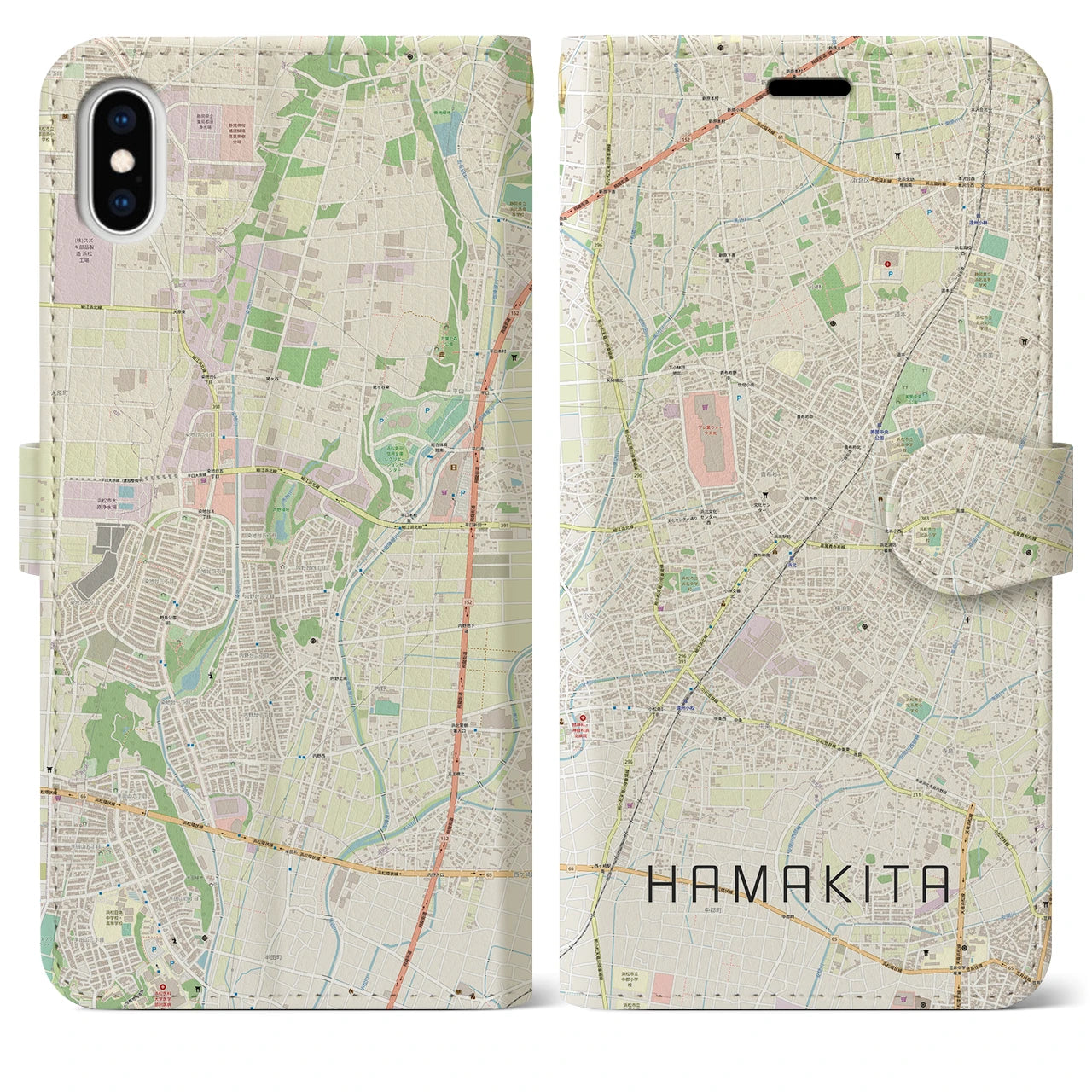【浜北(静岡県)】地図柄iPhoneケース(手帳タイプ)ナチュラル・iPhone XS Max 用