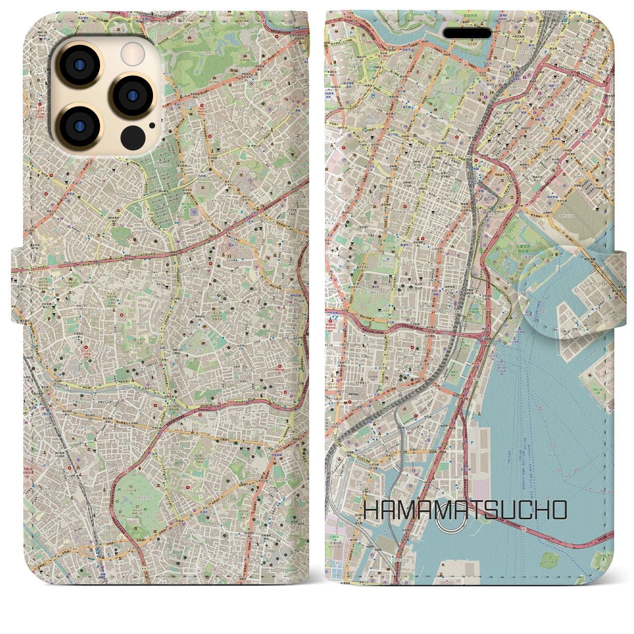 【浜松町(東京都)】地図柄iPhoneケース(手帳タイプ)ナチュラル・iPhone 12 Pro Max 用