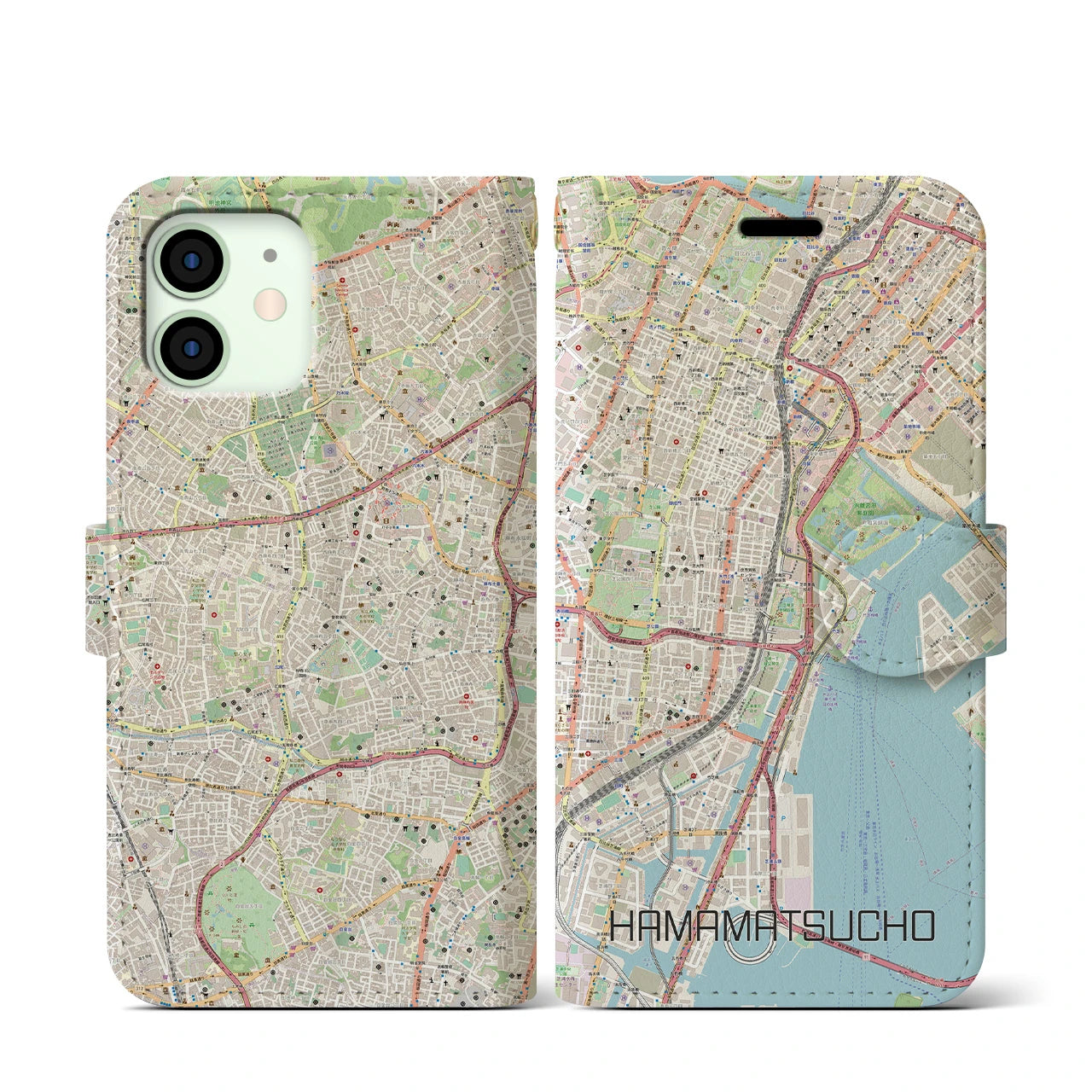 【浜松町(東京都)】地図柄iPhoneケース(手帳タイプ)ナチュラル・iPhone 12 mini 用