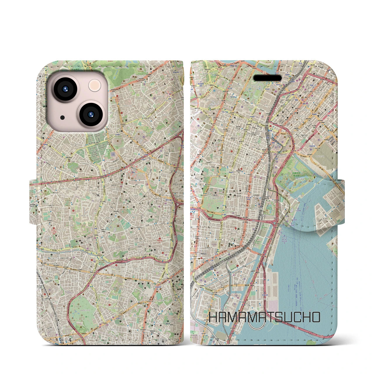 【浜松町(東京都)】地図柄iPhoneケース(手帳タイプ)ナチュラル・iPhone 13 mini 用