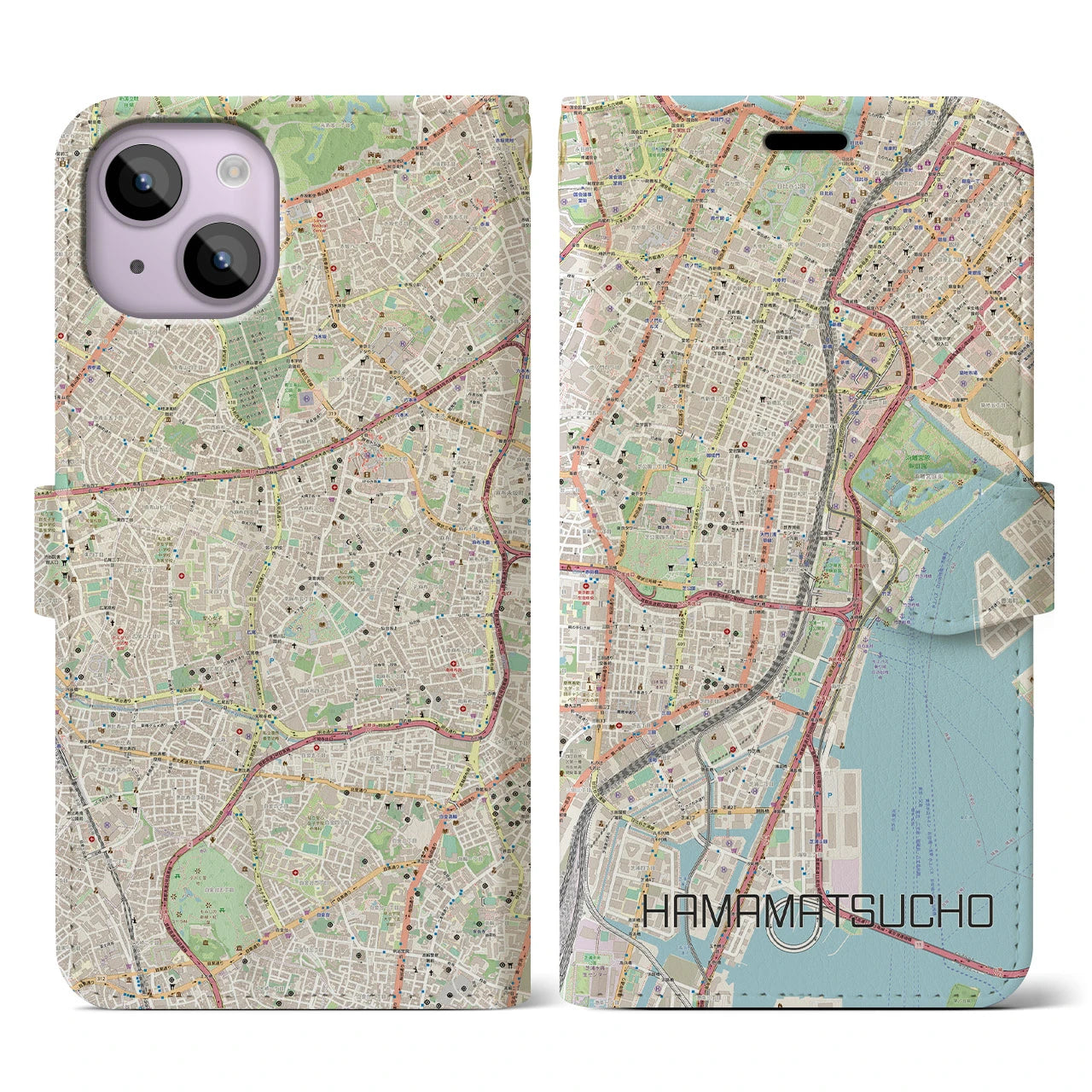 【浜松町(東京都)】地図柄iPhoneケース(手帳タイプ)ナチュラル・iPhone 14 用