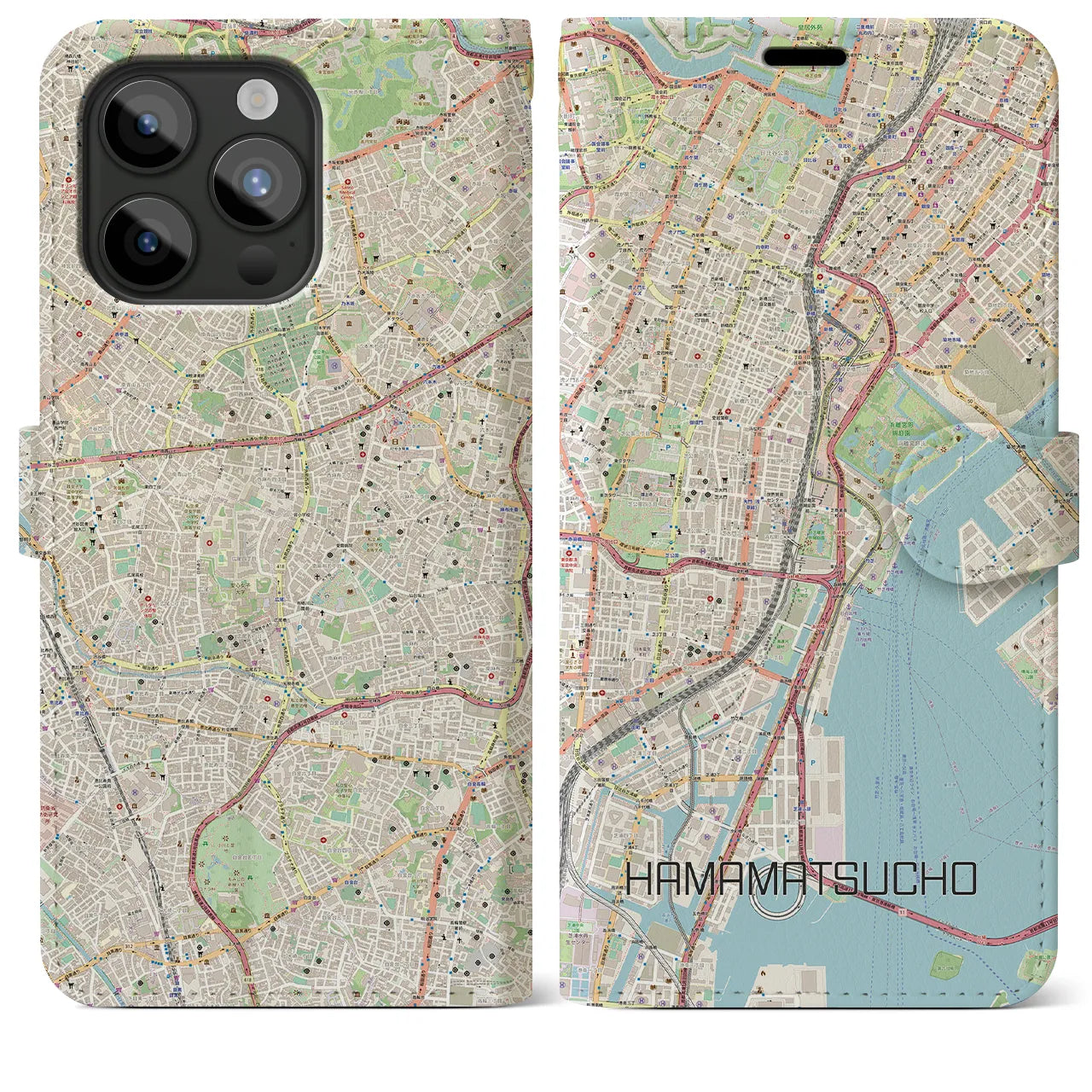 【浜松町(東京都)】地図柄iPhoneケース(手帳タイプ)ナチュラル・iPhone 15 Pro Max 用