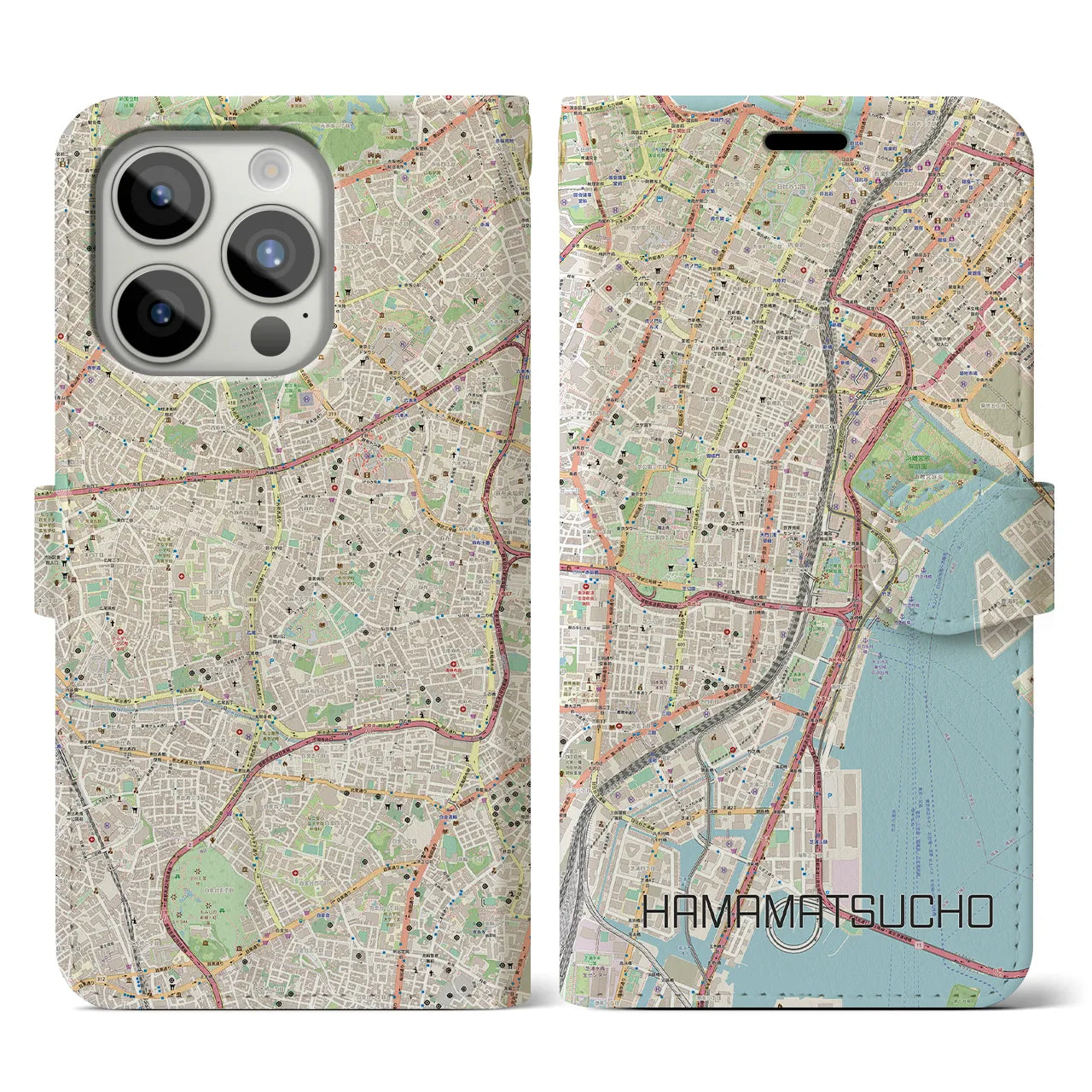 【浜松町(東京都)】地図柄iPhoneケース(手帳タイプ)ナチュラル・iPhone 15 Pro 用