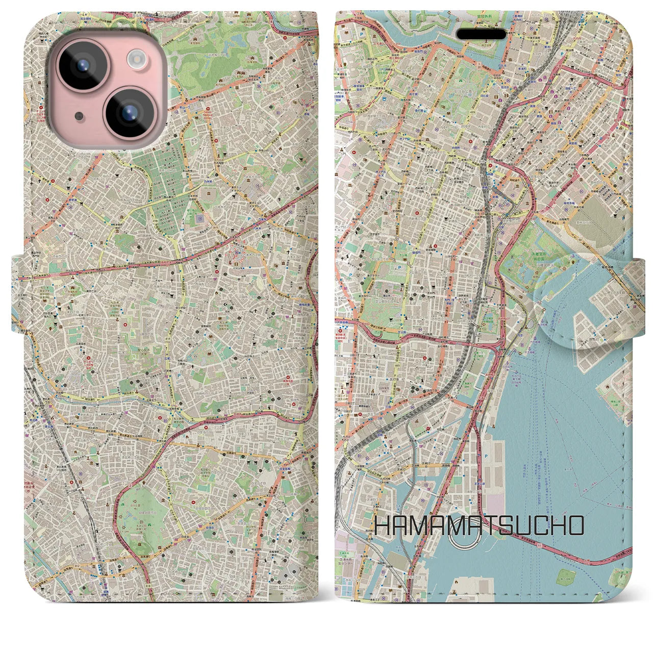 【浜松町(東京都)】地図柄iPhoneケース(手帳タイプ)ナチュラル・iPhone 15 Plus 用