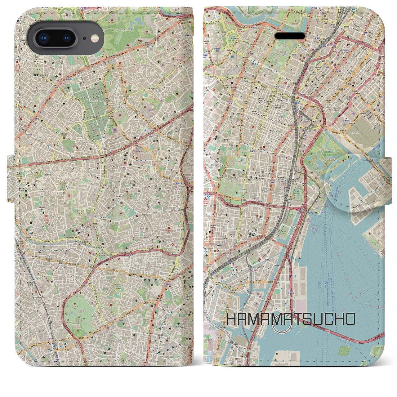 【浜松町(東京都)】地図柄iPhoneケース(手帳タイプ)ナチュラル・iPhone 8Plus /7Plus / 6sPlus / 6Plus 用