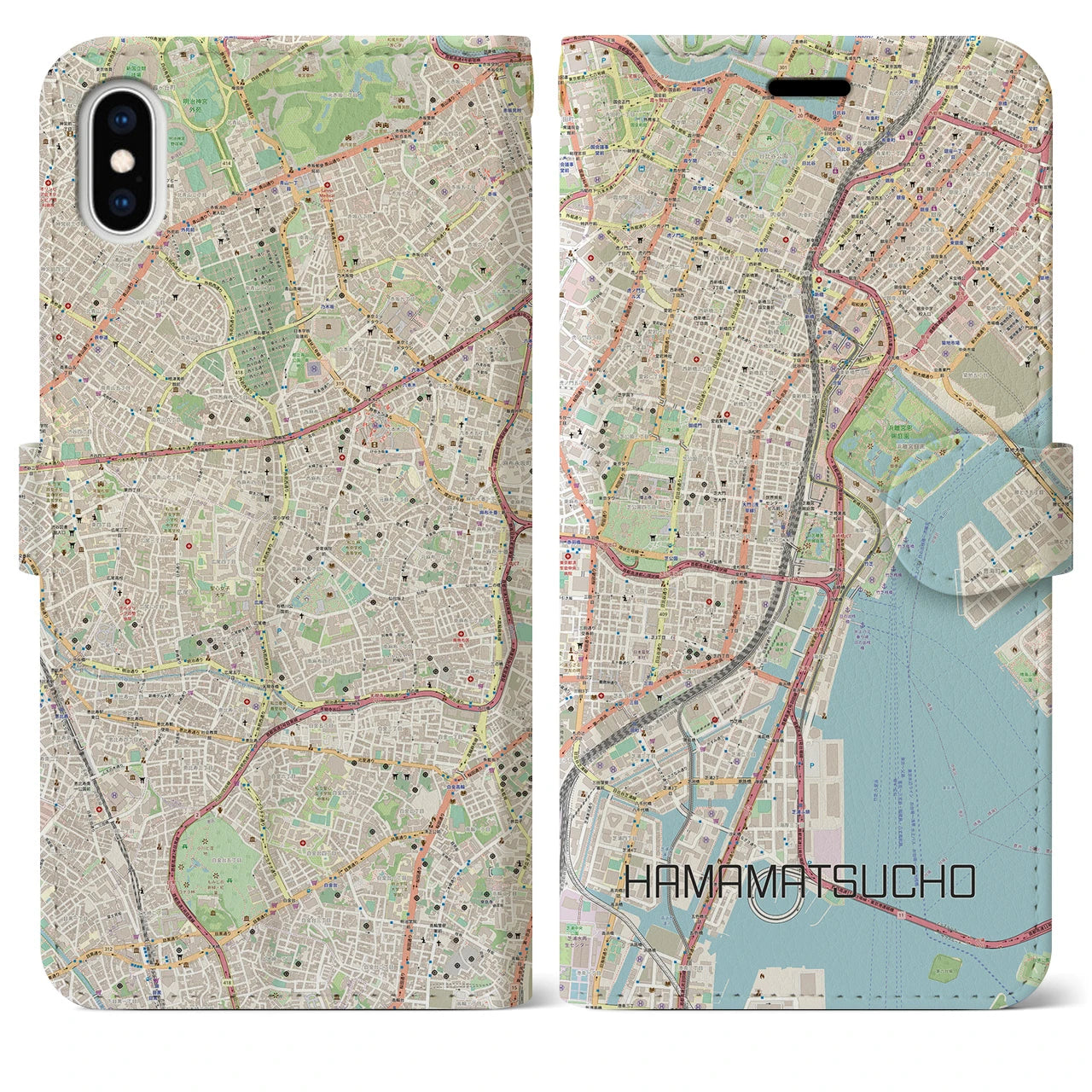 【浜松町(東京都)】地図柄iPhoneケース(手帳タイプ)ナチュラル・iPhone XS Max 用
