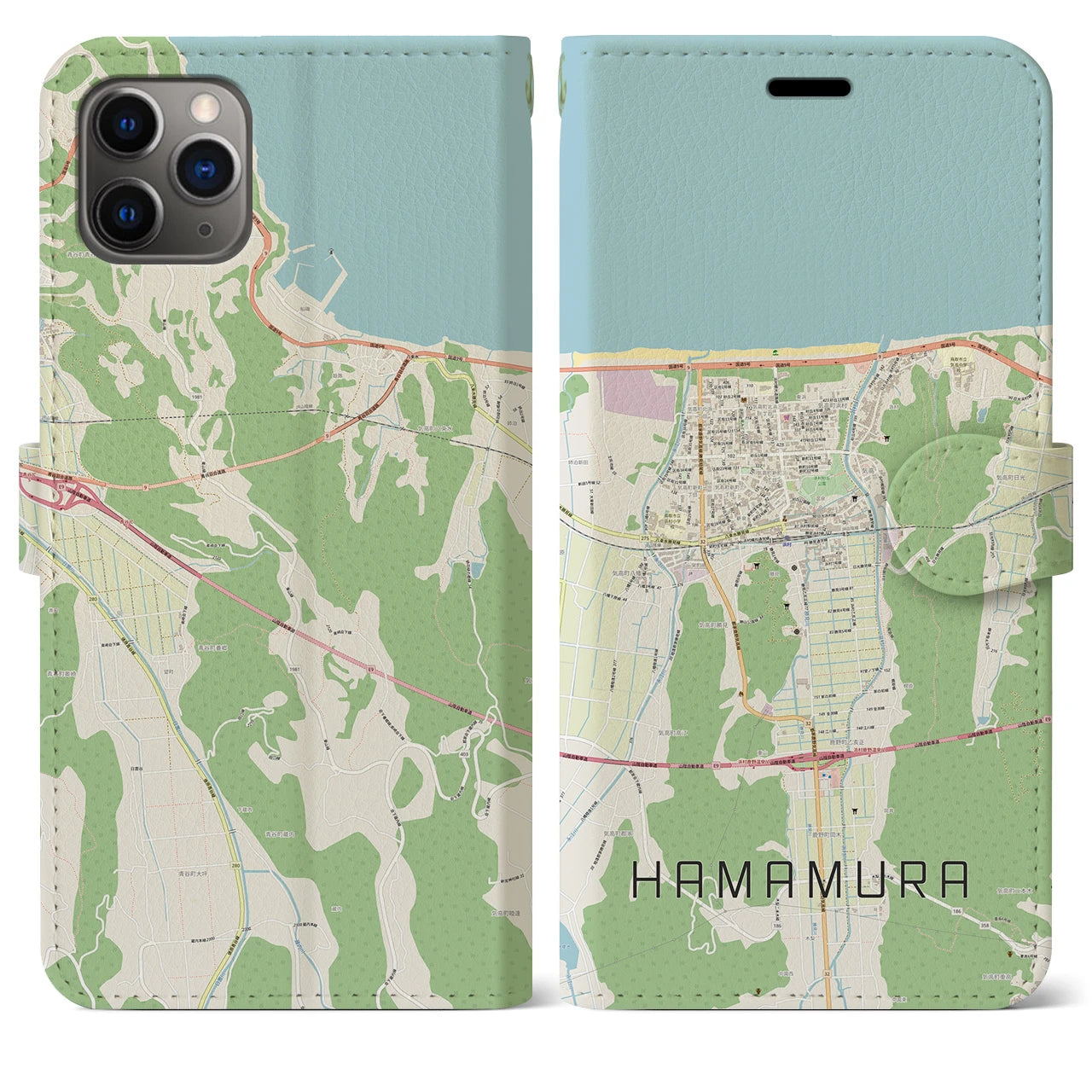 【浜村(鳥取県)】地図柄iPhoneケース(手帳タイプ)ナチュラル・iPhone 11 Pro Max 用