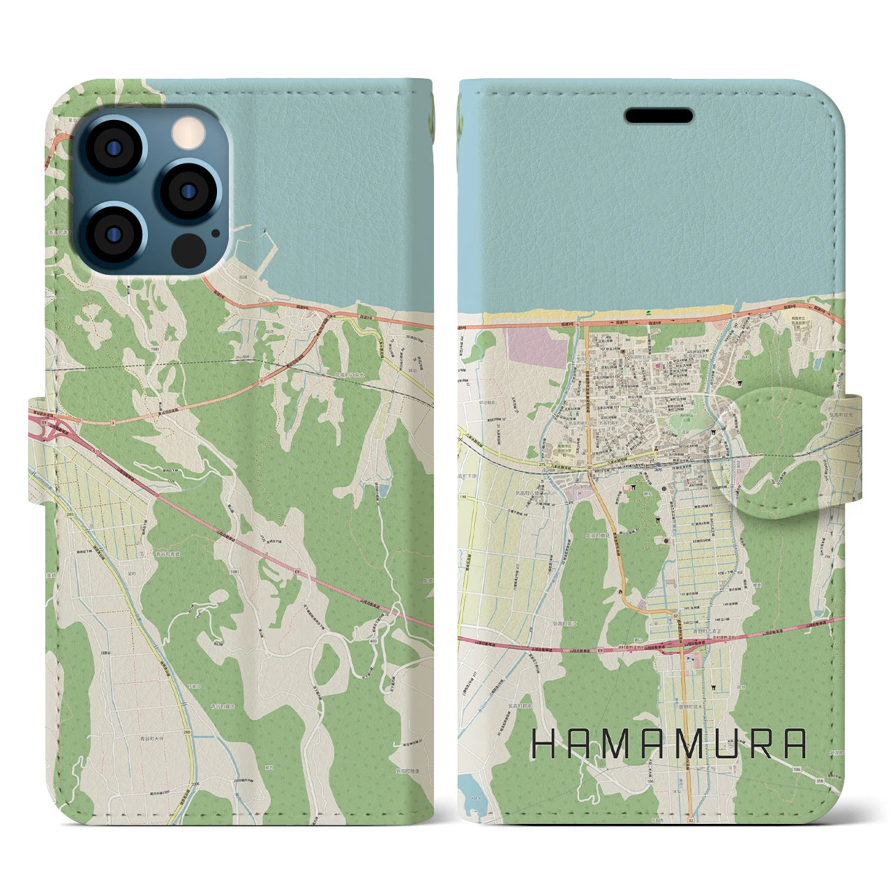 【浜村(鳥取県)】地図柄iPhoneケース(手帳タイプ)ナチュラル・iPhone 12 / 12 Pro 用