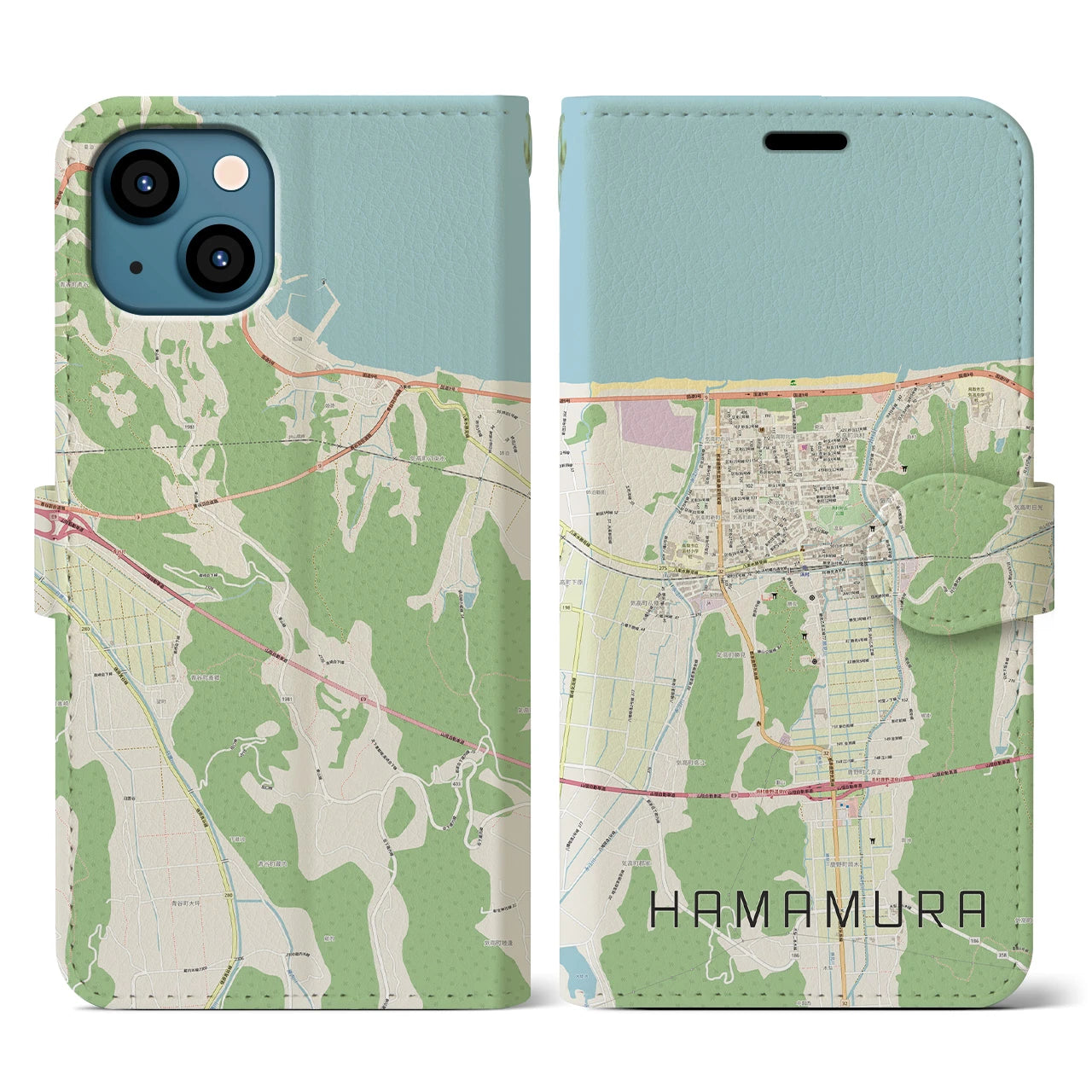 【浜村(鳥取県)】地図柄iPhoneケース(手帳タイプ)ナチュラル・iPhone 13 用