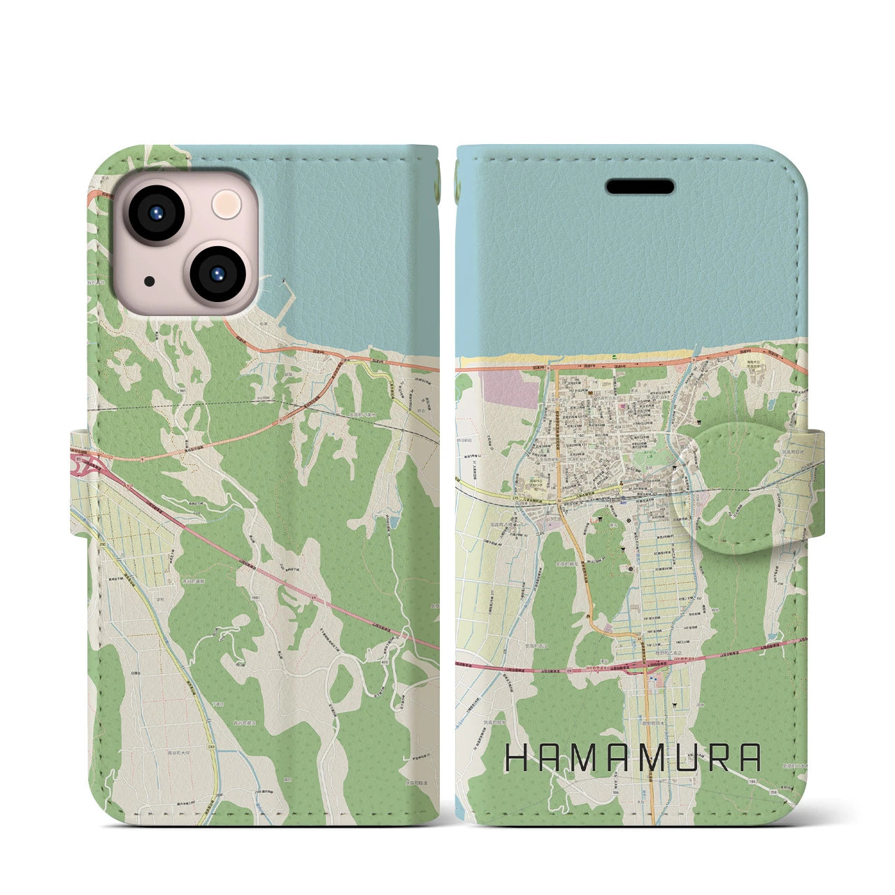 【浜村(鳥取県)】地図柄iPhoneケース(手帳タイプ)ナチュラル・iPhone 13 mini 用