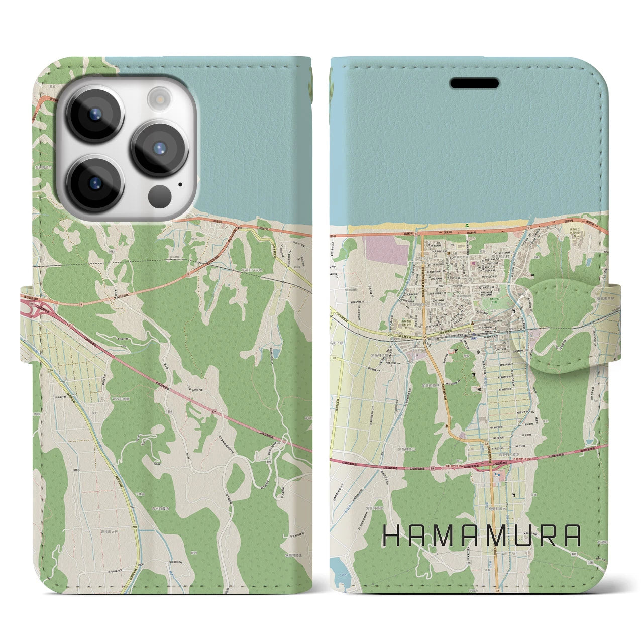 【浜村(鳥取県)】地図柄iPhoneケース(手帳タイプ)ナチュラル・iPhone 14 Pro 用