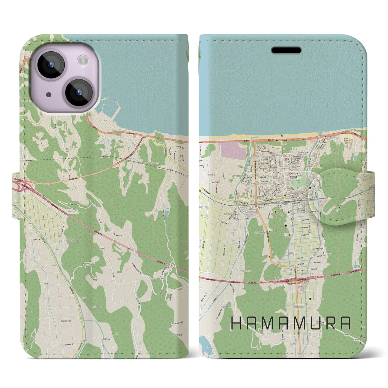 【浜村(鳥取県)】地図柄iPhoneケース(手帳タイプ)ナチュラル・iPhone 14 用