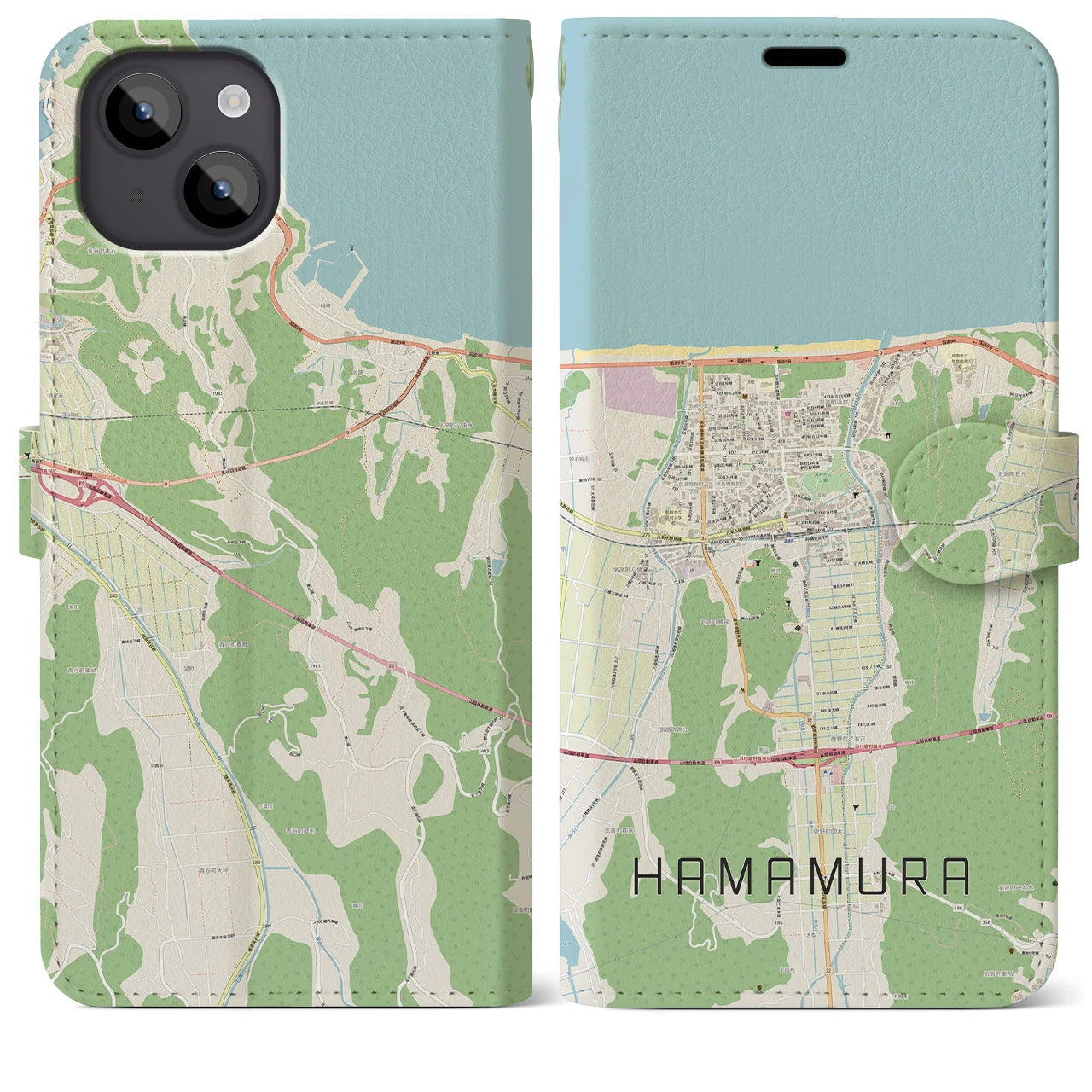 【浜村(鳥取県)】地図柄iPhoneケース(手帳タイプ)ナチュラル・iPhone 14 Plus 用