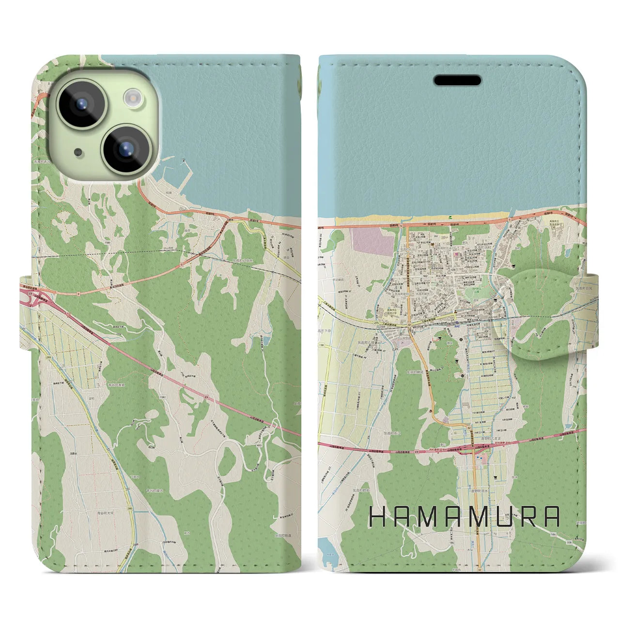【浜村(鳥取県)】地図柄iPhoneケース(手帳タイプ)ナチュラル・iPhone 15 用