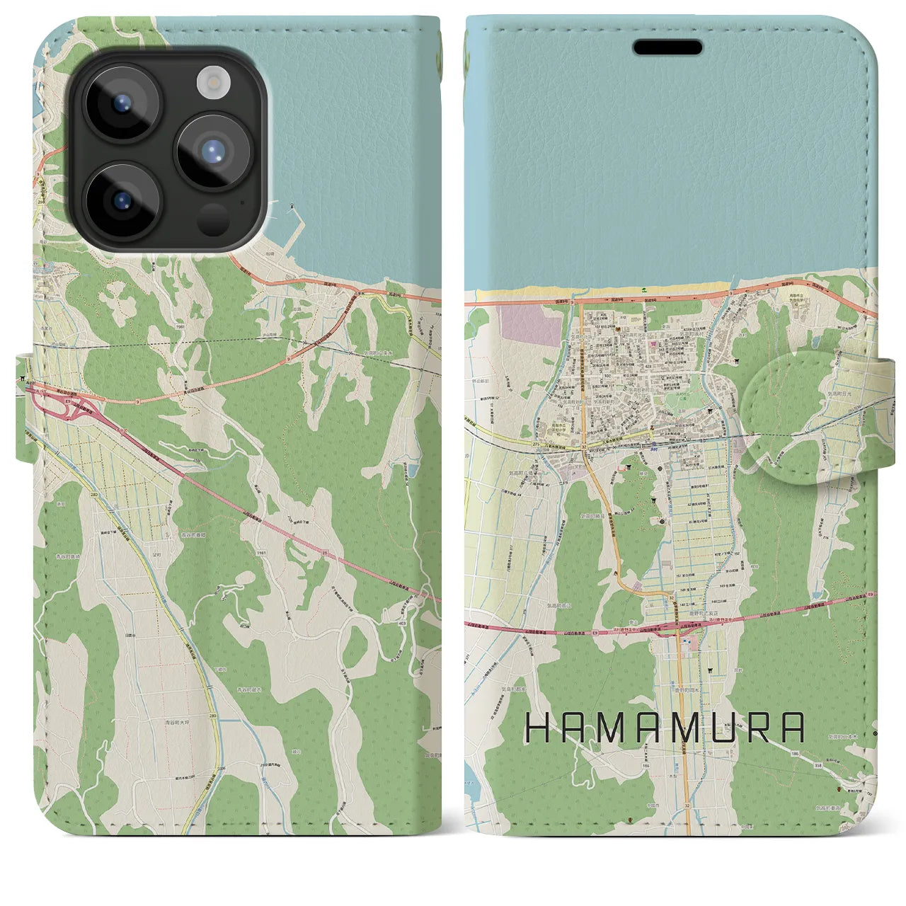 【浜村(鳥取県)】地図柄iPhoneケース(手帳タイプ)ナチュラル・iPhone 15 Pro Max 用