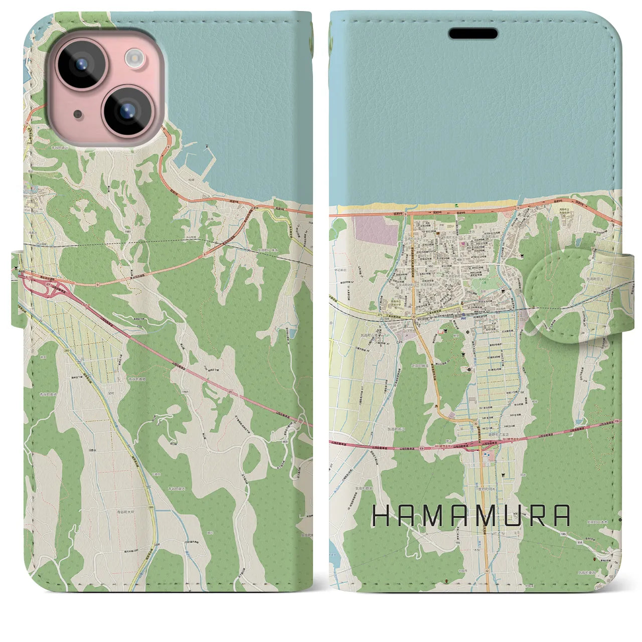 【浜村(鳥取県)】地図柄iPhoneケース(手帳タイプ)ナチュラル・iPhone 15 Plus 用