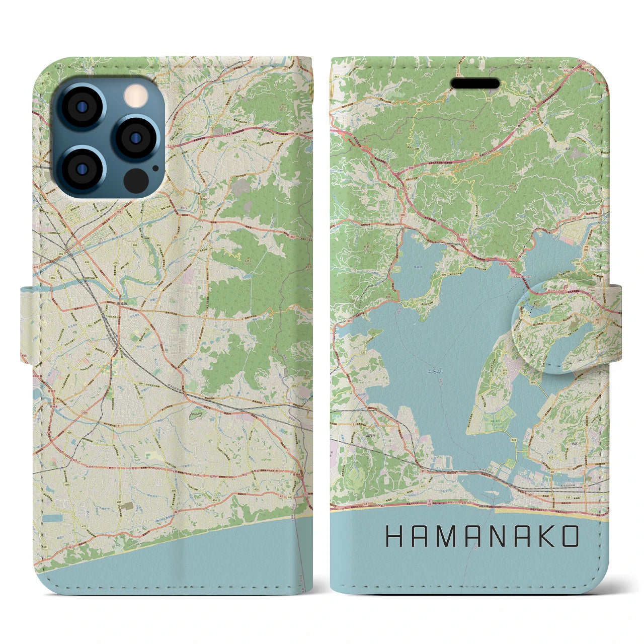 【浜名湖(静岡県)】地図柄iPhoneケース(手帳タイプ)ナチュラル・iPhone 12 / 12 Pro 用
