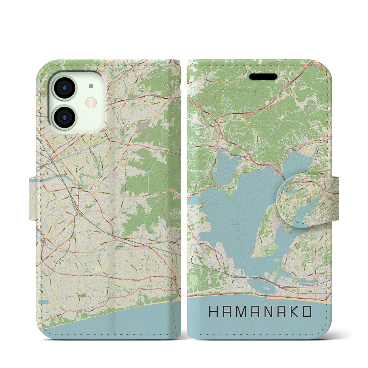 【浜名湖(静岡県)】地図柄iPhoneケース(手帳タイプ)ナチュラル・iPhone 12 mini 用