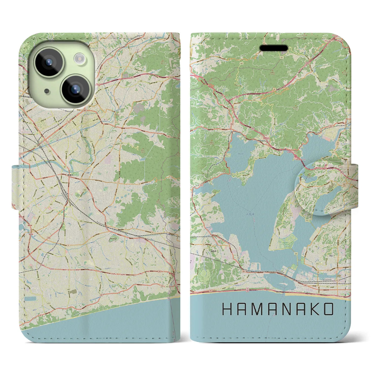 【浜名湖(静岡県)】地図柄iPhoneケース(手帳タイプ)ナチュラル・iPhone 15 用