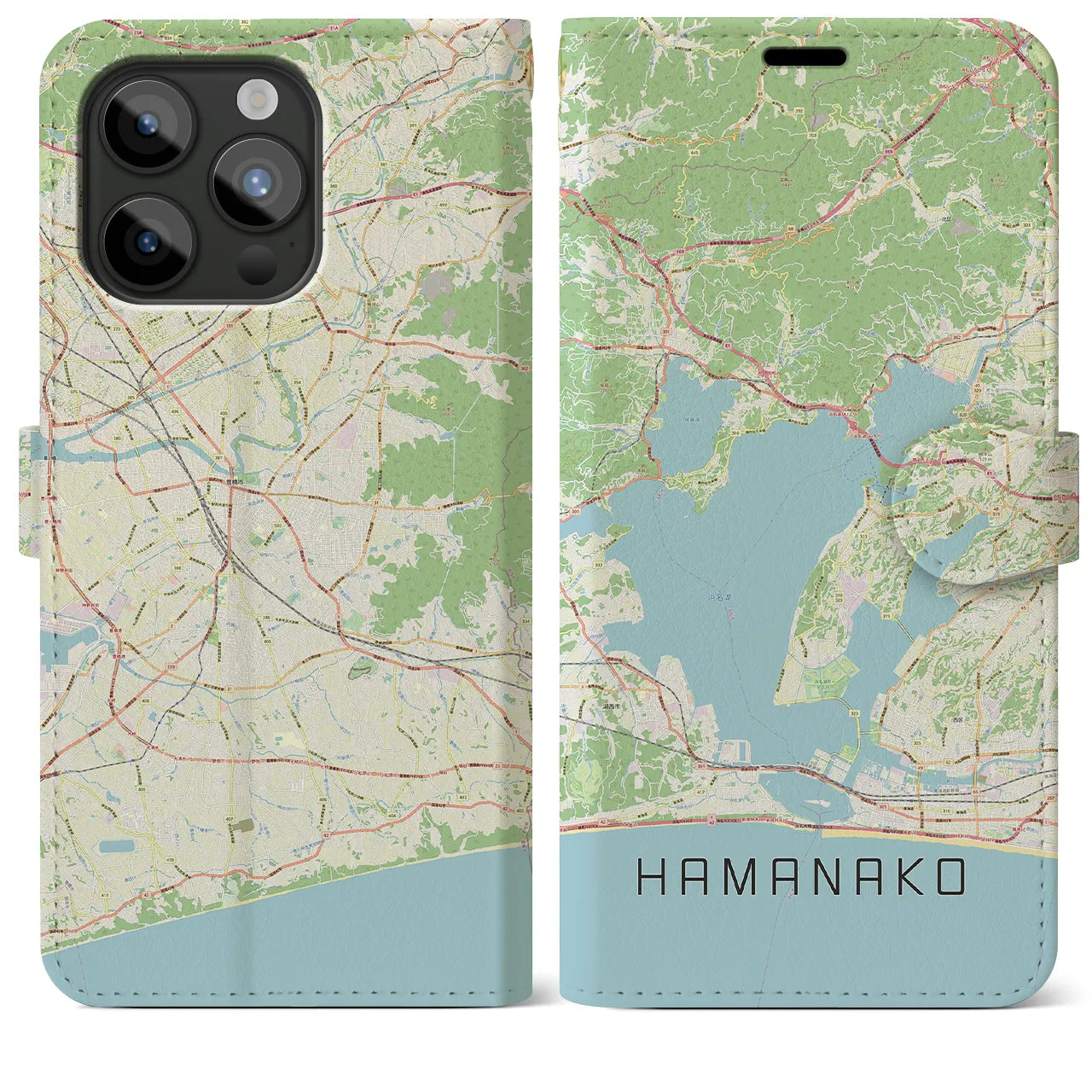 【浜名湖(静岡県)】地図柄iPhoneケース(手帳タイプ)ナチュラル・iPhone 15 Pro Max 用