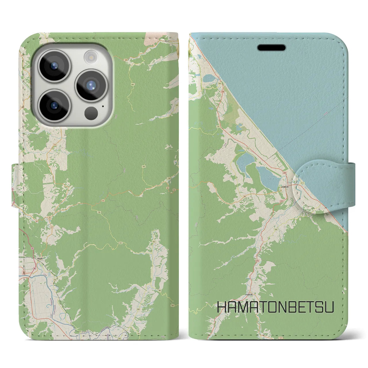 【浜頓別(北海道)】地図柄iPhoneケース(手帳タイプ)ナチュラル・iPhone 15 Pro 用