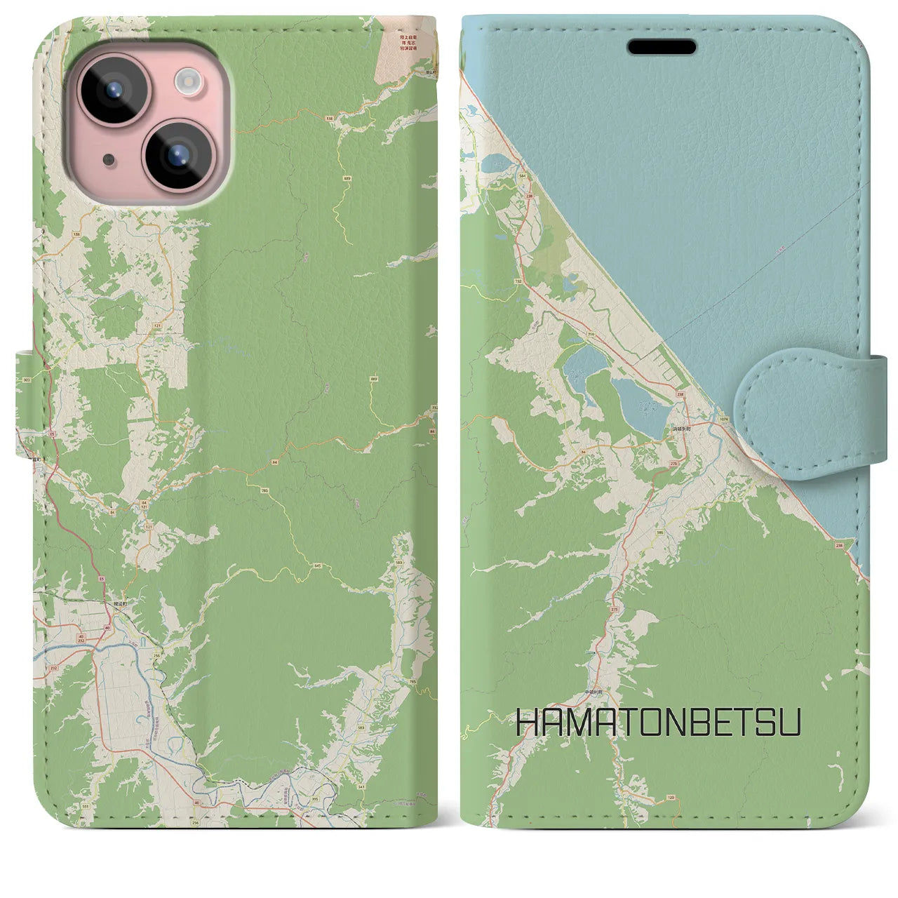 【浜頓別(北海道)】地図柄iPhoneケース(手帳タイプ)ナチュラル・iPhone 15 Plus 用