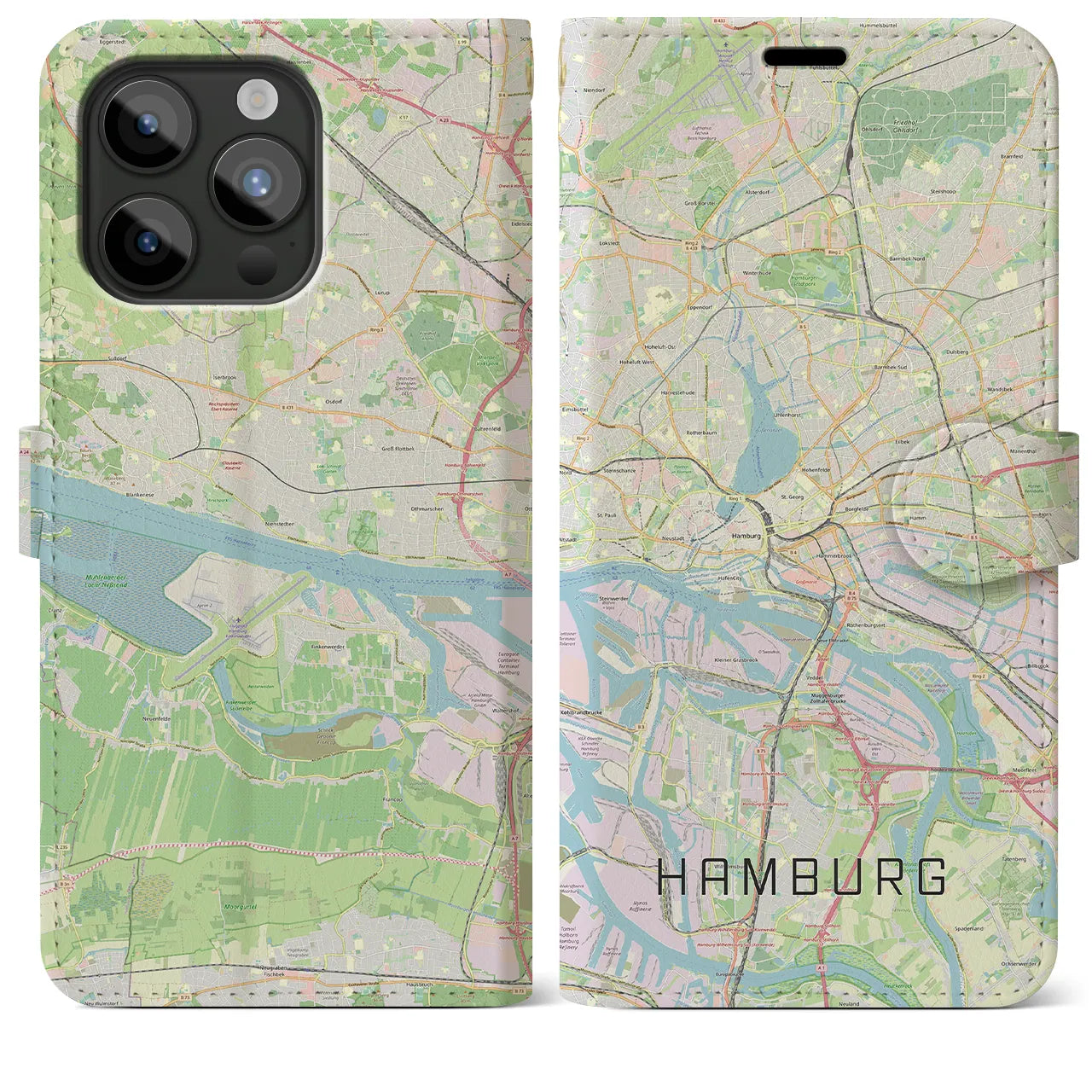 【ハンブルク(ドイツ)】地図柄iPhoneケース(手帳タイプ)ナチュラル・iPhone 15 Pro Max 用