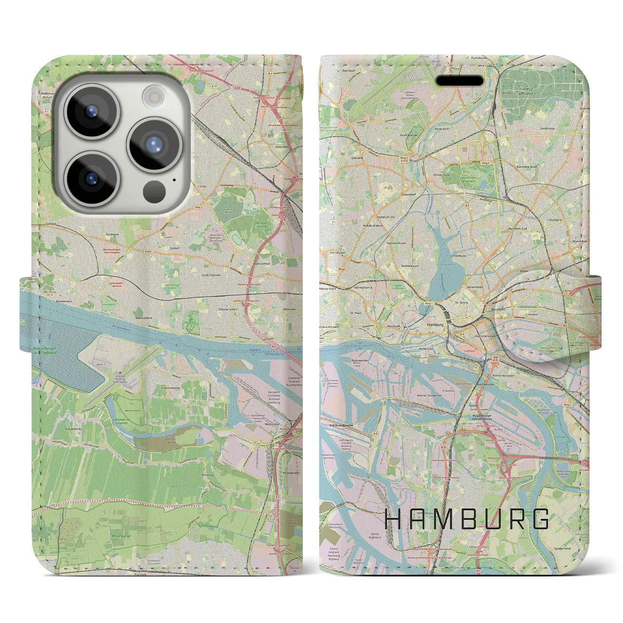 【ハンブルク(ドイツ)】地図柄iPhoneケース(手帳タイプ)ナチュラル・iPhone 15 Pro 用