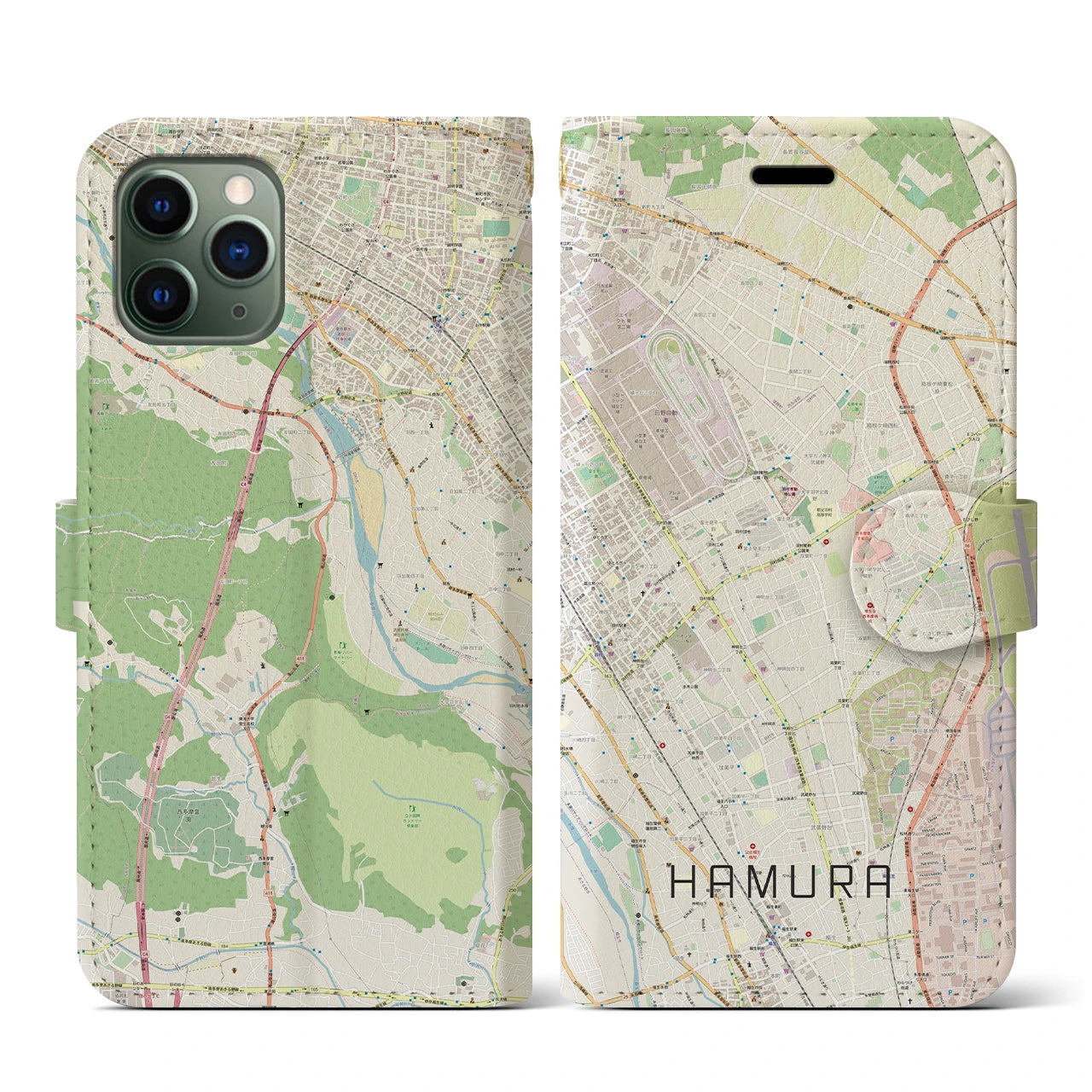 【羽村(東京都)】地図柄iPhoneケース(手帳タイプ)ナチュラル・iPhone 11 Pro 用