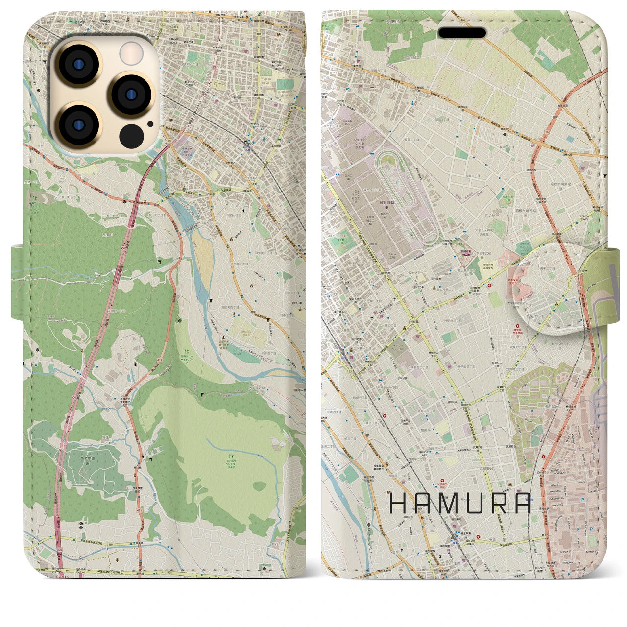 【羽村(東京都)】地図柄iPhoneケース(手帳タイプ)ナチュラル・iPhone 12 Pro Max 用
