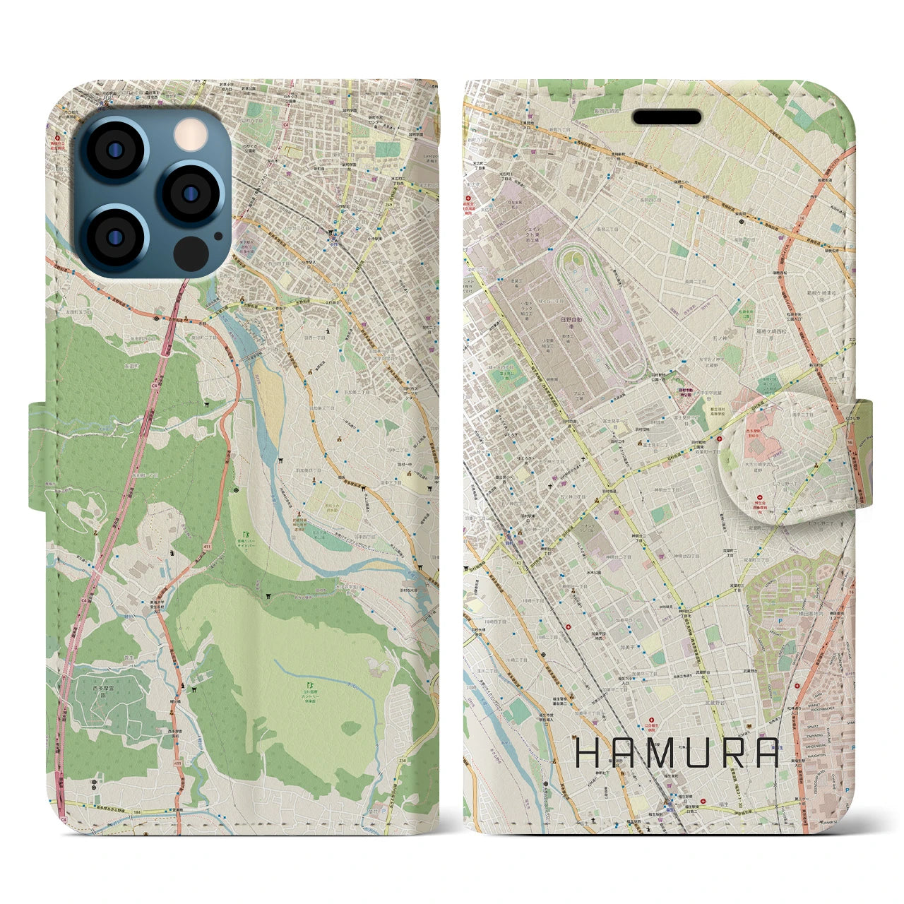 【羽村(東京都)】地図柄iPhoneケース(手帳タイプ)ナチュラル・iPhone 12 / 12 Pro 用