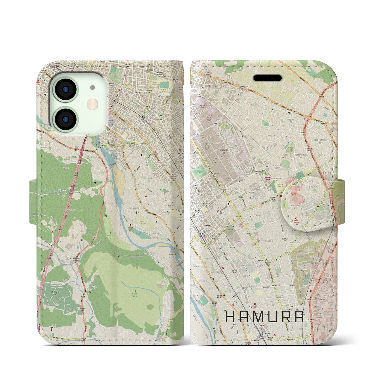 【羽村(東京都)】地図柄iPhoneケース(手帳タイプ)ナチュラル・iPhone 12 mini 用