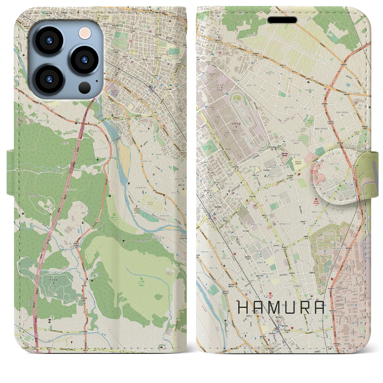 【羽村(東京都)】地図柄iPhoneケース(手帳タイプ)ナチュラル・iPhone 13 Pro Max 用