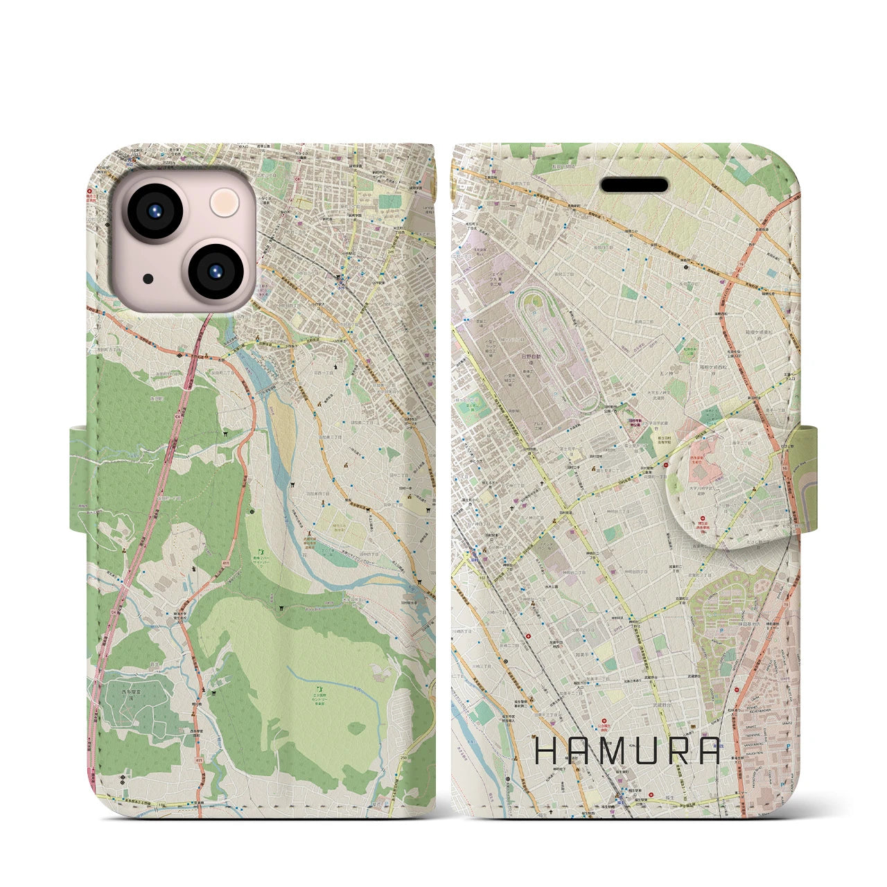 【羽村(東京都)】地図柄iPhoneケース(手帳タイプ)ナチュラル・iPhone 13 mini 用