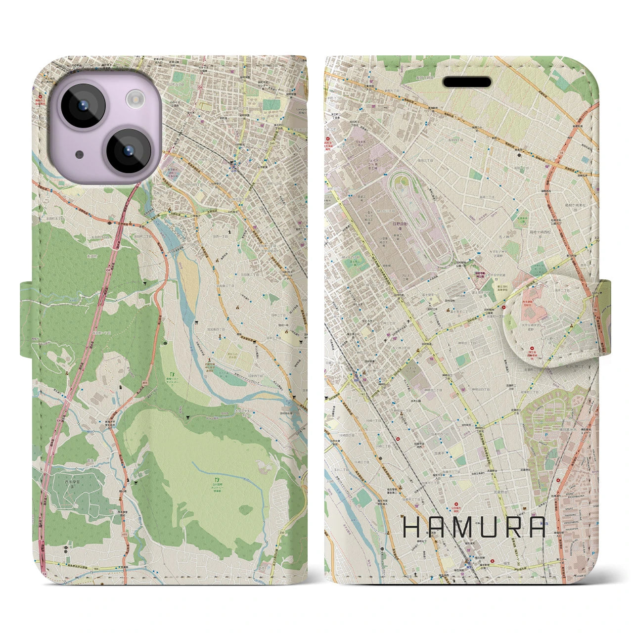 【羽村(東京都)】地図柄iPhoneケース(手帳タイプ)ナチュラル・iPhone 14 用