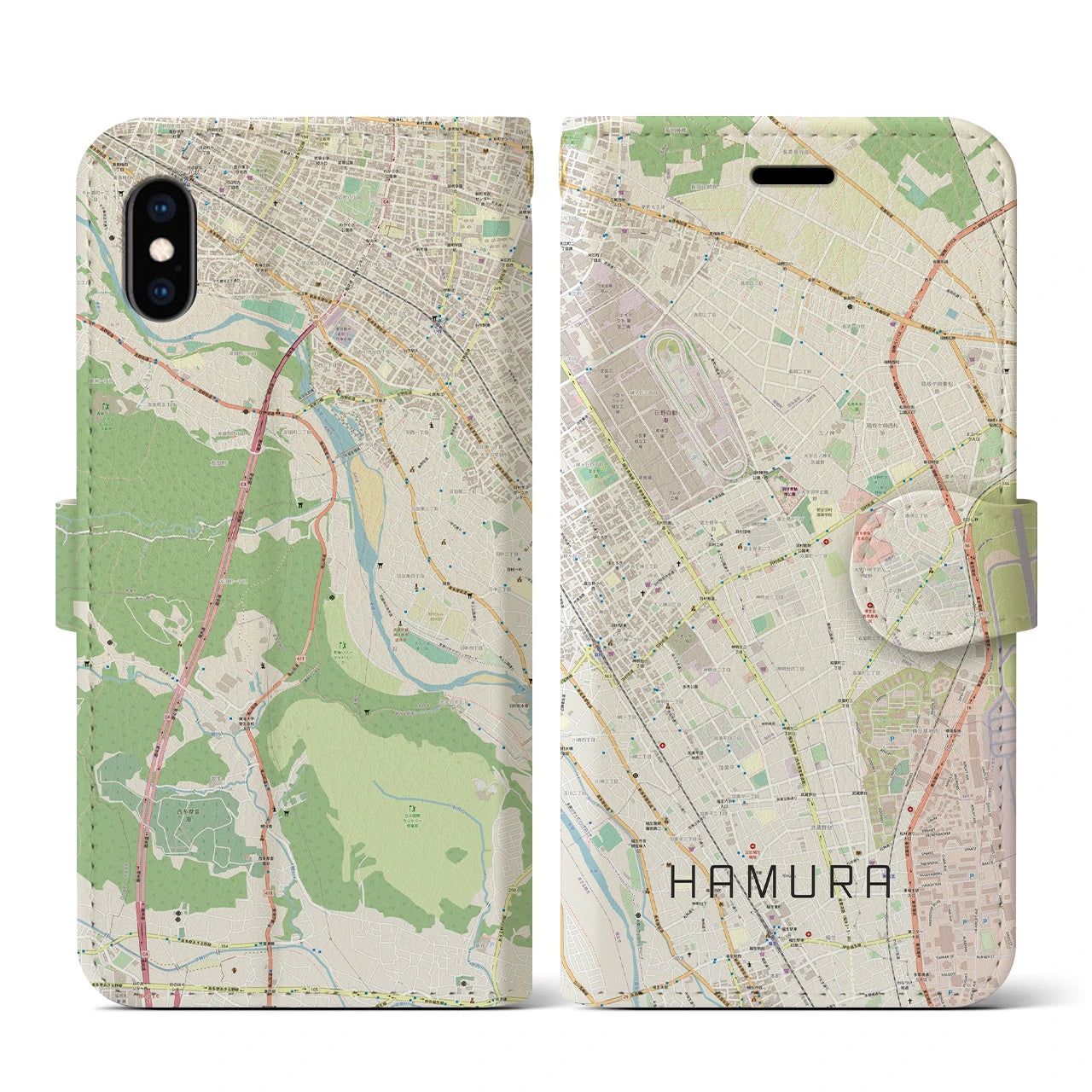 【羽村(東京都)】地図柄iPhoneケース(手帳タイプ)ナチュラル・iPhone XS / X 用