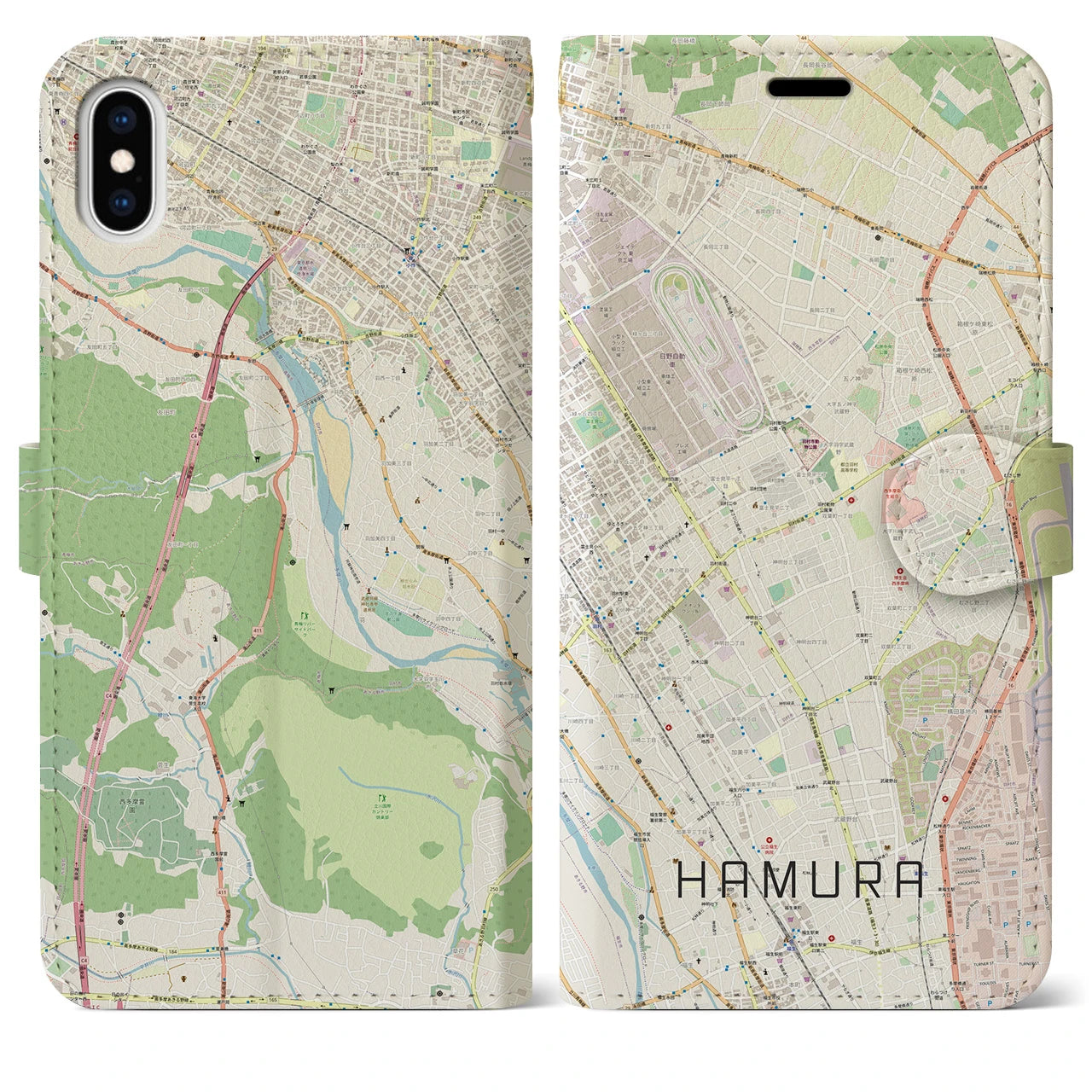 【羽村(東京都)】地図柄iPhoneケース(手帳タイプ)ナチュラル・iPhone XS Max 用