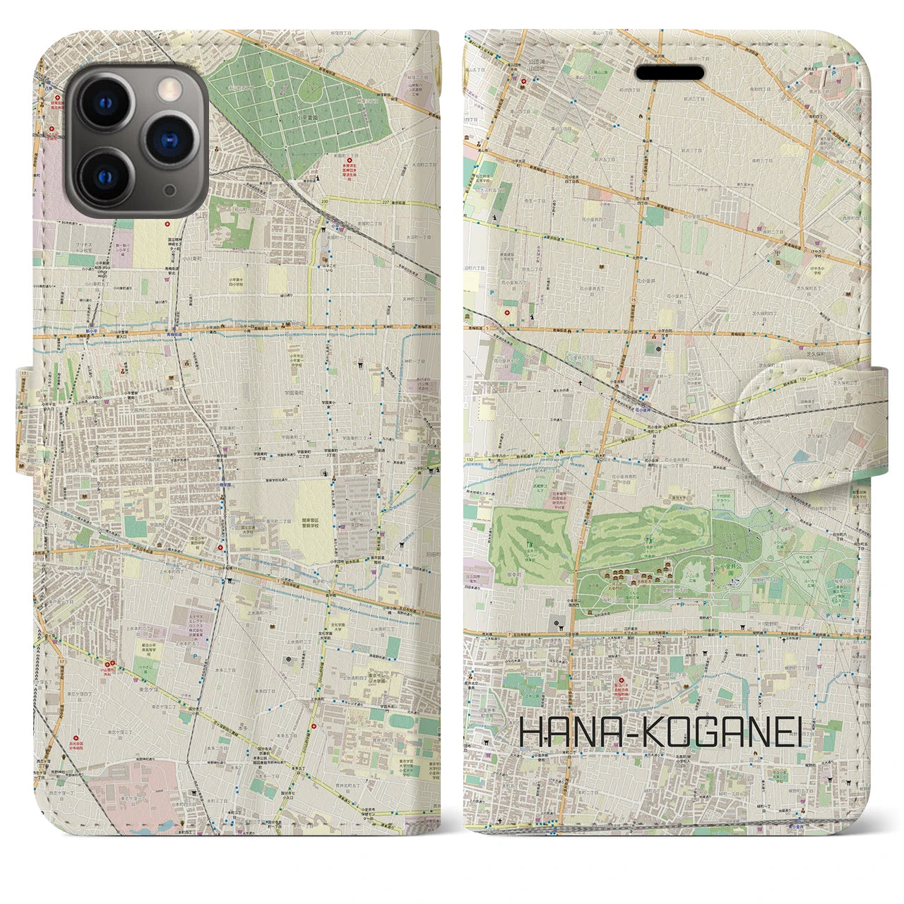 【花小金井(東京都)】地図柄iPhoneケース(手帳タイプ)ナチュラル・iPhone 11 Pro Max 用