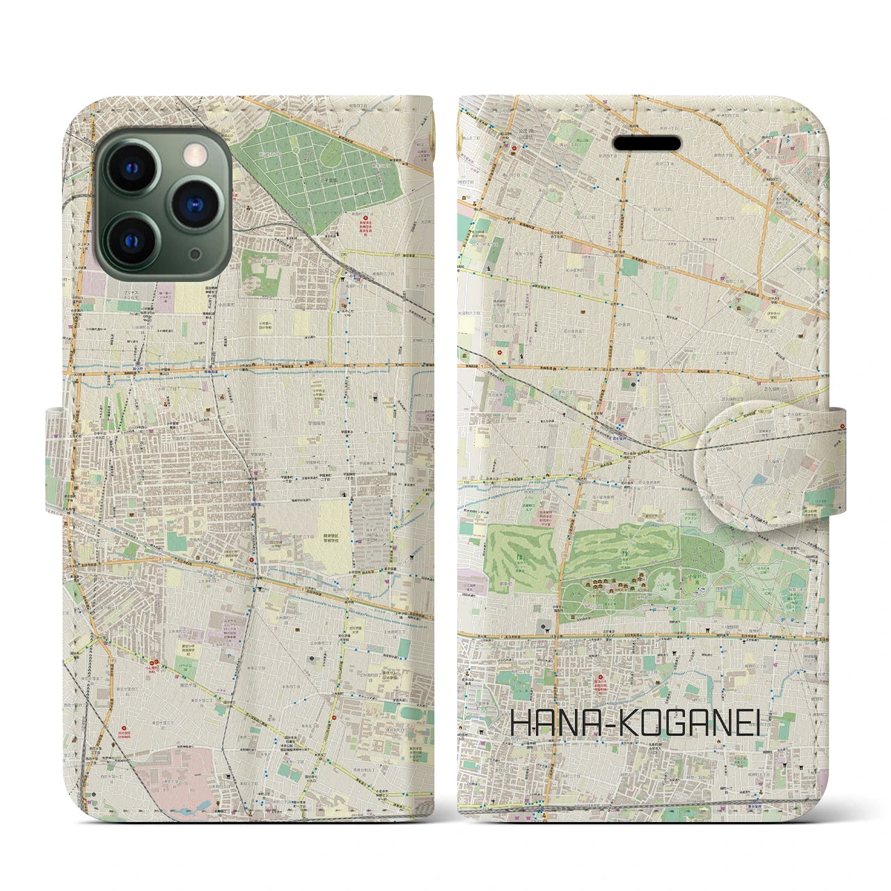 【花小金井(東京都)】地図柄iPhoneケース(手帳タイプ)ナチュラル・iPhone 11 Pro 用