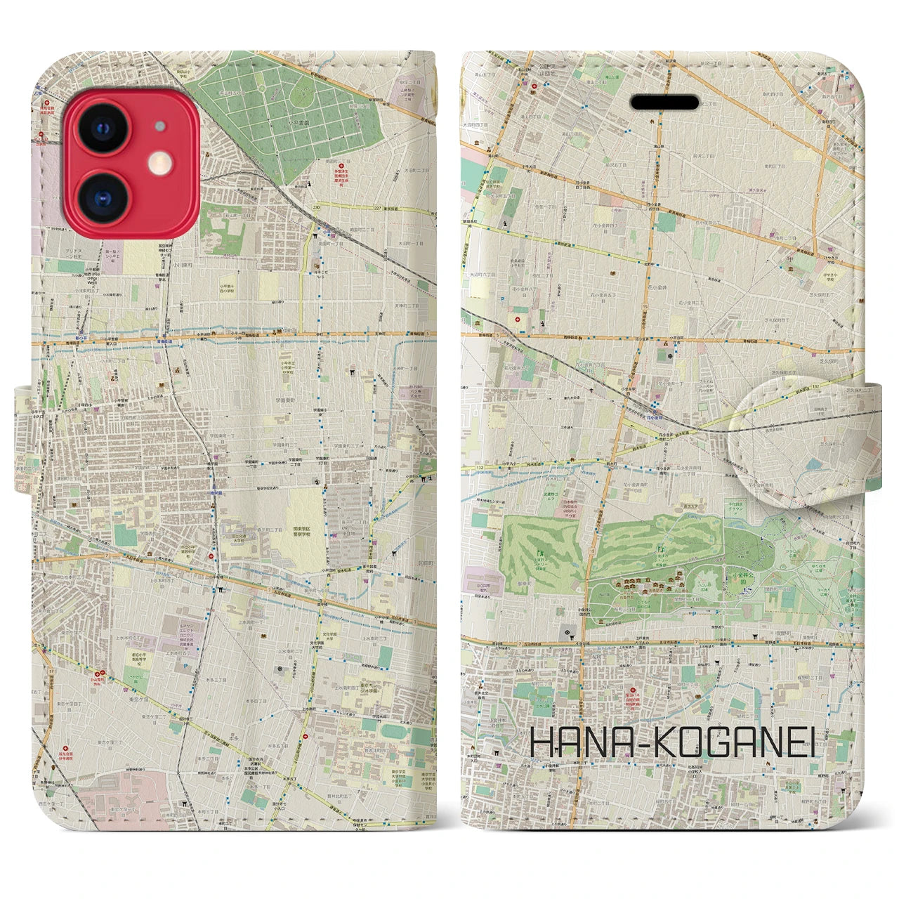 【花小金井(東京都)】地図柄iPhoneケース(手帳タイプ)ナチュラル・iPhone 11 用