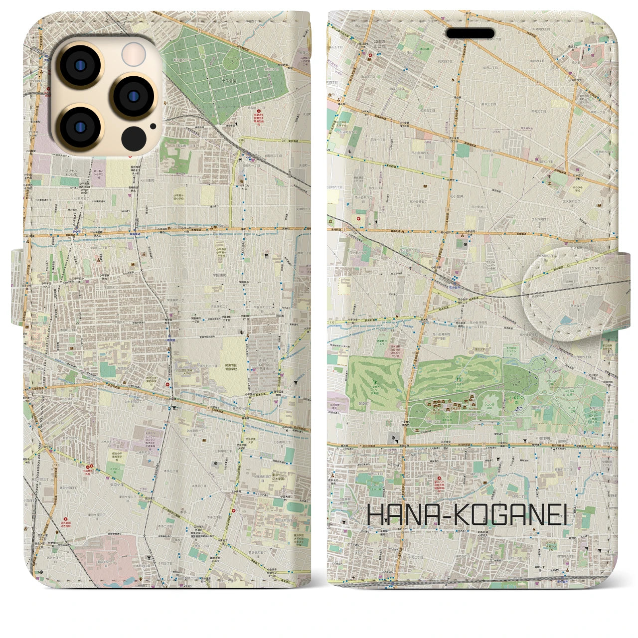 【花小金井(東京都)】地図柄iPhoneケース(手帳タイプ)ナチュラル・iPhone 12 Pro Max 用