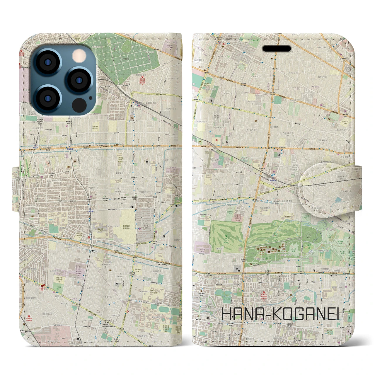 【花小金井(東京都)】地図柄iPhoneケース(手帳タイプ)ナチュラル・iPhone 12 / 12 Pro 用