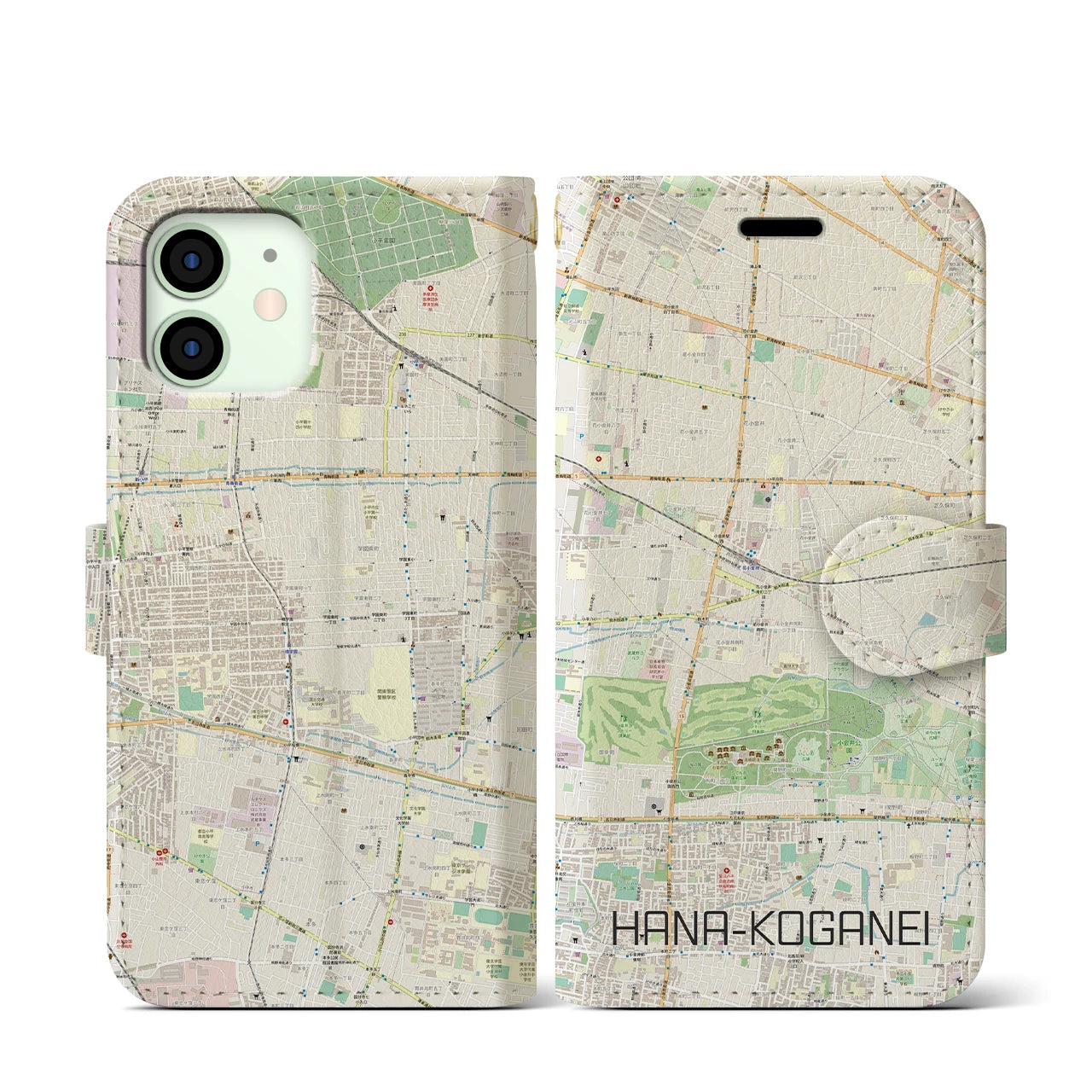【花小金井(東京都)】地図柄iPhoneケース(手帳タイプ)ナチュラル・iPhone 12 mini 用