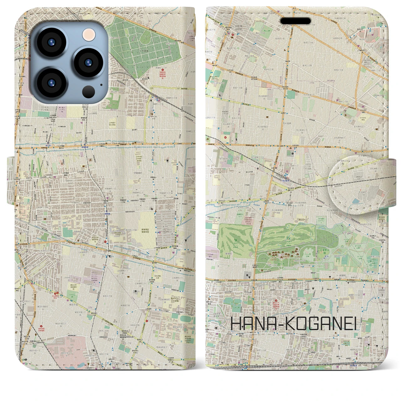 【花小金井(東京都)】地図柄iPhoneケース(手帳タイプ)ナチュラル・iPhone 13 Pro Max 用
